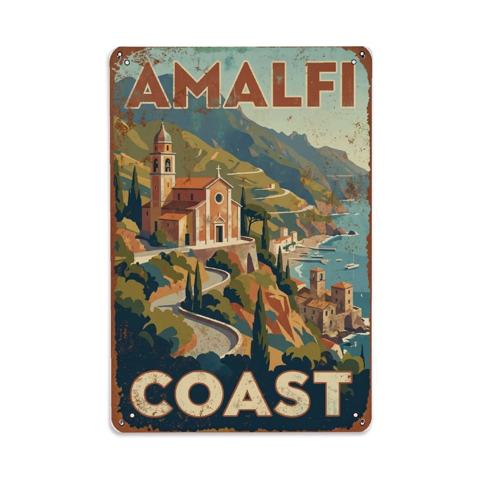 Vintage Travel Chapel Italy Hillside Metal Tin Sign Plaque Wall Decor for Cafe, Club Bar, Office, Home Garden Metal Poster 8x12Inch