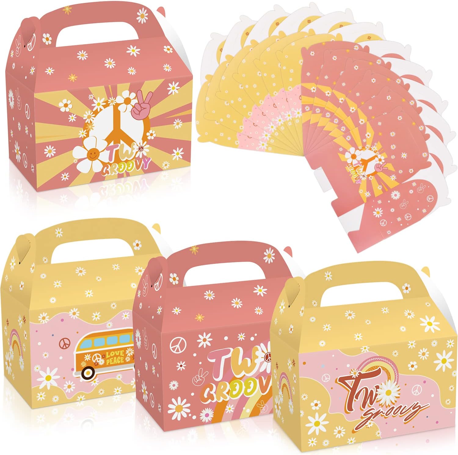 LIYDE 12 PCS Two Groovy Party Favors, Daisy Party Favors Rainbow Hippie Party Supplies Boxes Retro Daisy Party Wrapping Box for Girls 2nd Birthday