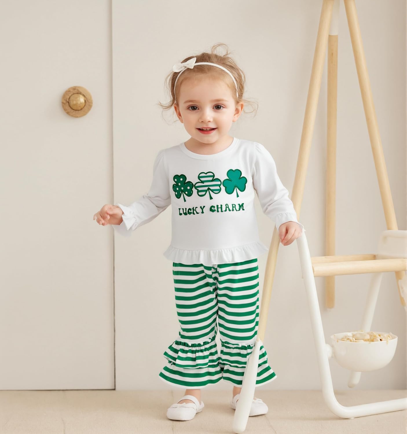 FIOMVA Baby Girl St. Patricks Day Outfits Toddler Lucky Charm Tshirt Ruffle Clover Print Tops+Ruffle Cuff Striped Pants Set - Image 2