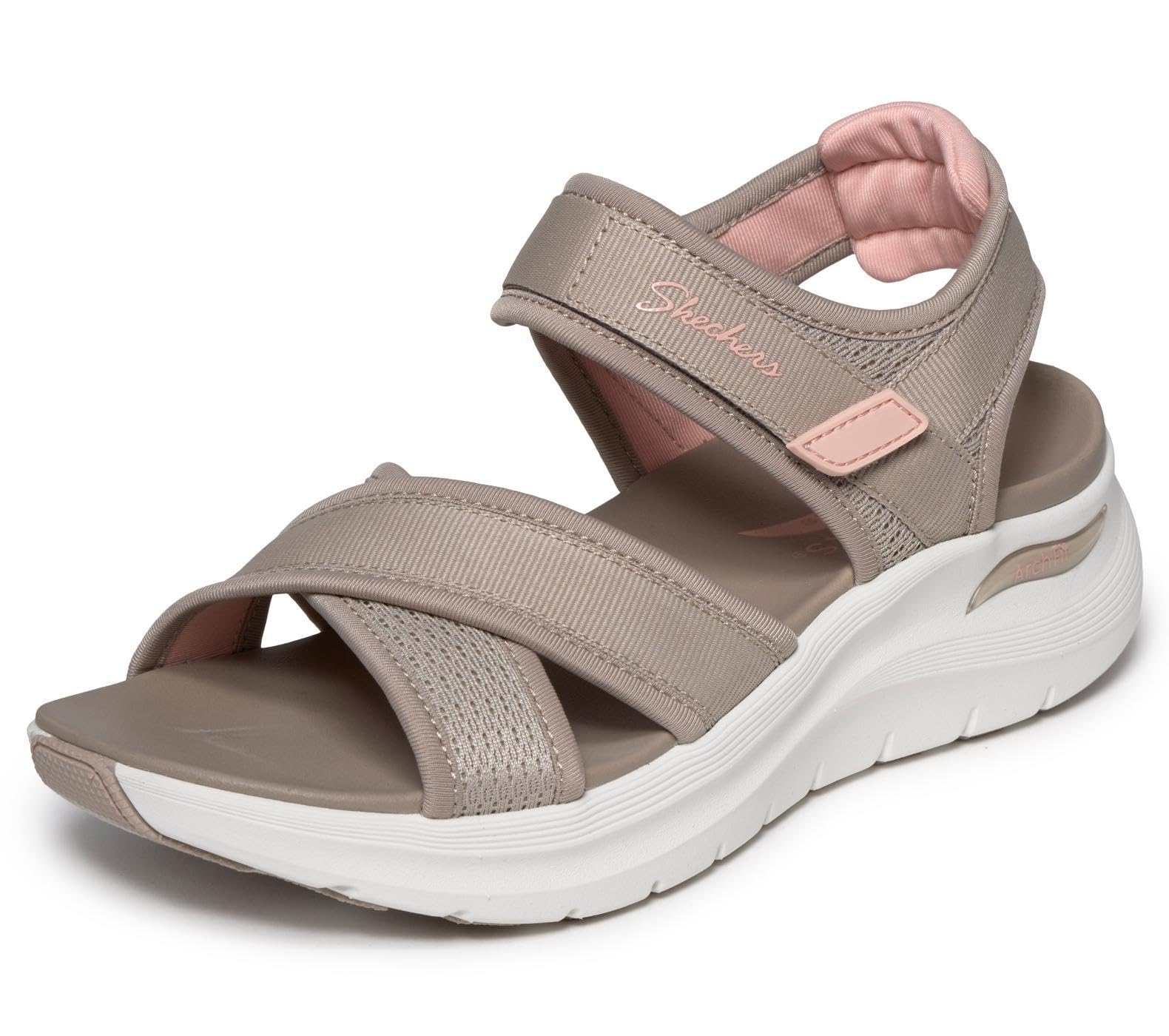 Skechers Women's Taupe,Coral Arch Fit 2.0 Sandal - Feelin' Bright Sandals In Taupe/Coral, Size 6 | Textile/Synthetic, Vegan, Machine Washable