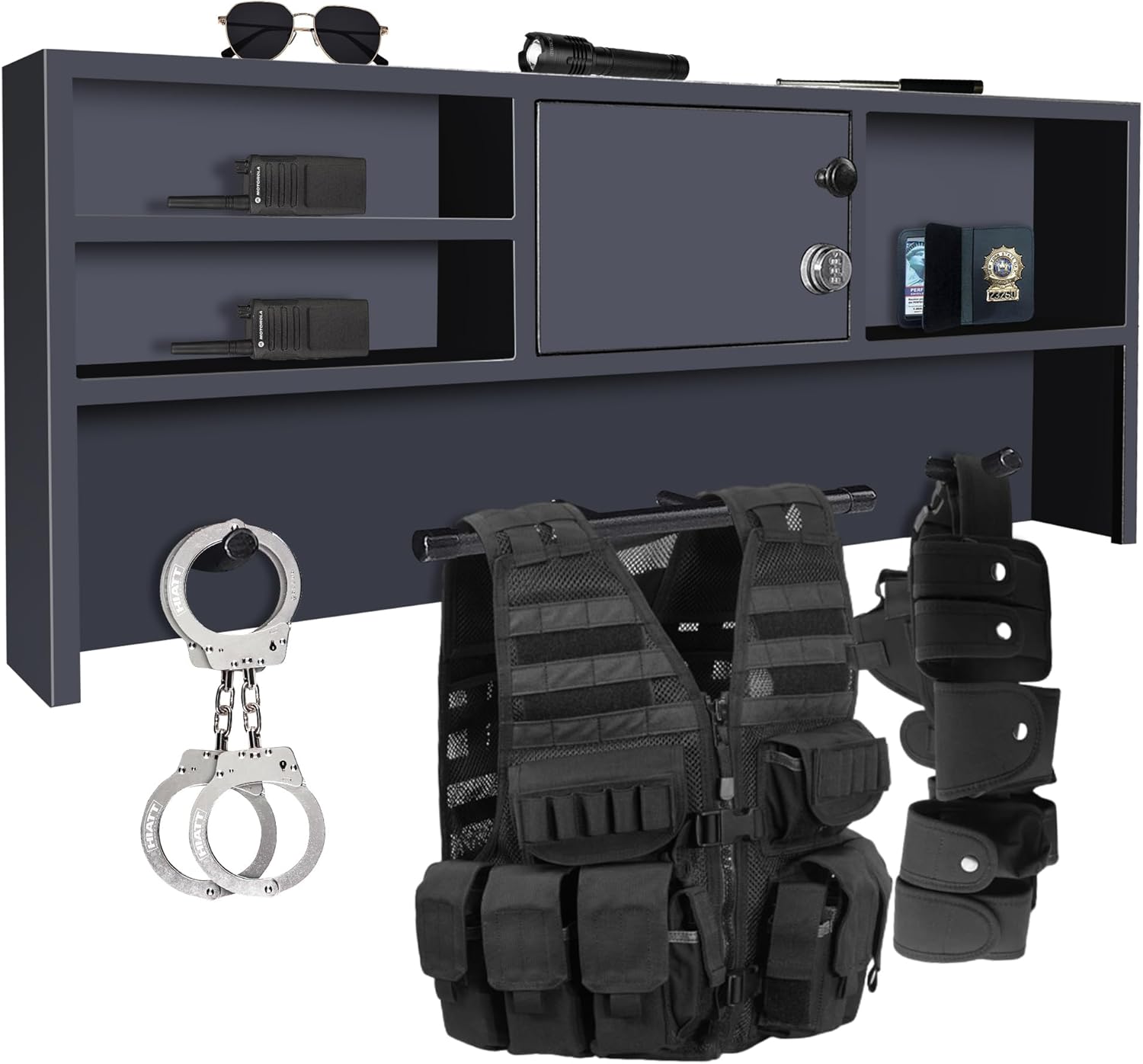 Montex Police Gear Rack with Lockbox Safe,Tactical Gear Racks Wall Mount Hanger,Police Academy Graduation Gift,Police Hanger Rack