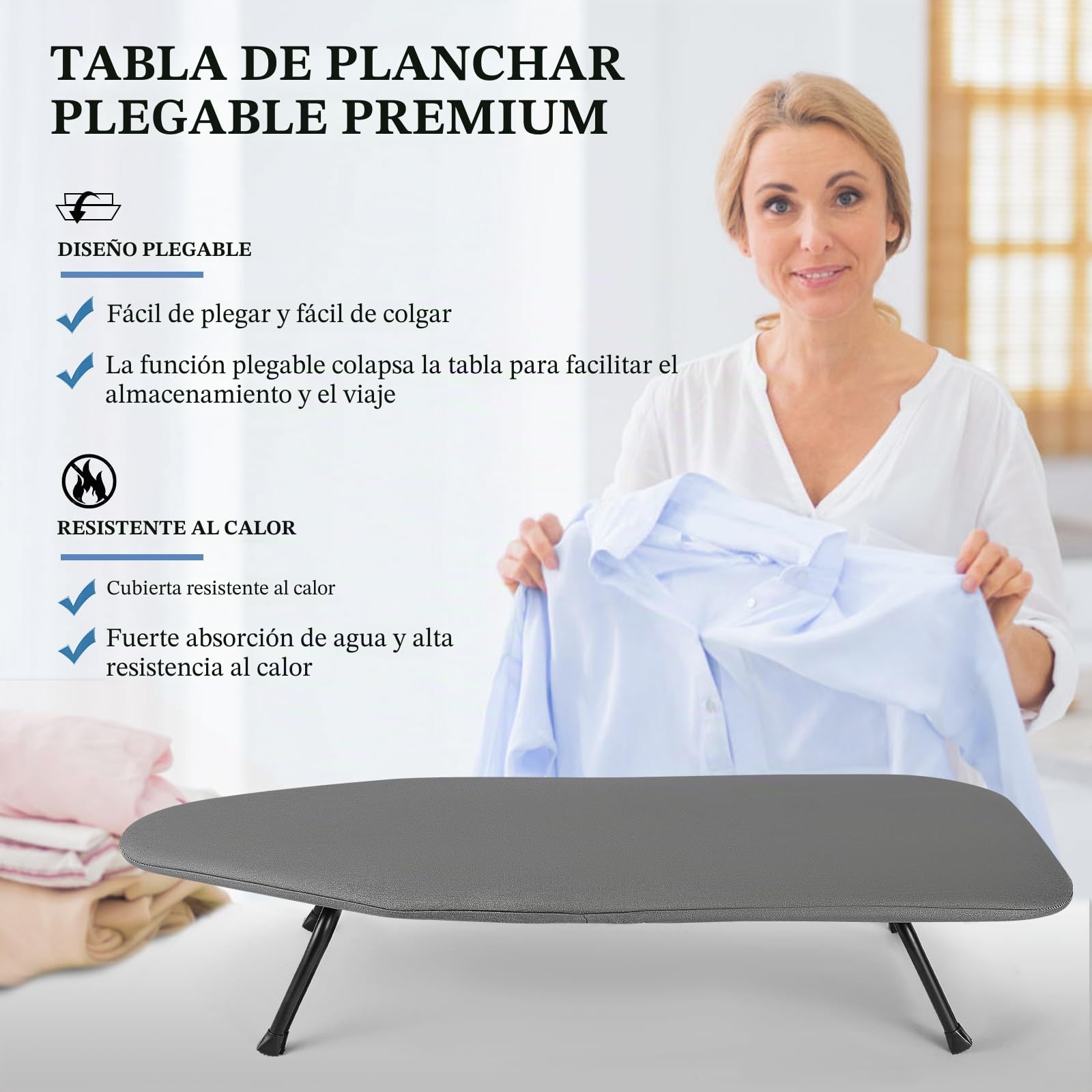 Tabla de Planchar Plegable Espacios Pequeños, Tabla Pequeña de Mesa con Soporte de Hierro, Mini pies Antideslizantes Plegables Portátiles para el Hogar, Lavanderías, Dormitorios, Uso de Viaje
