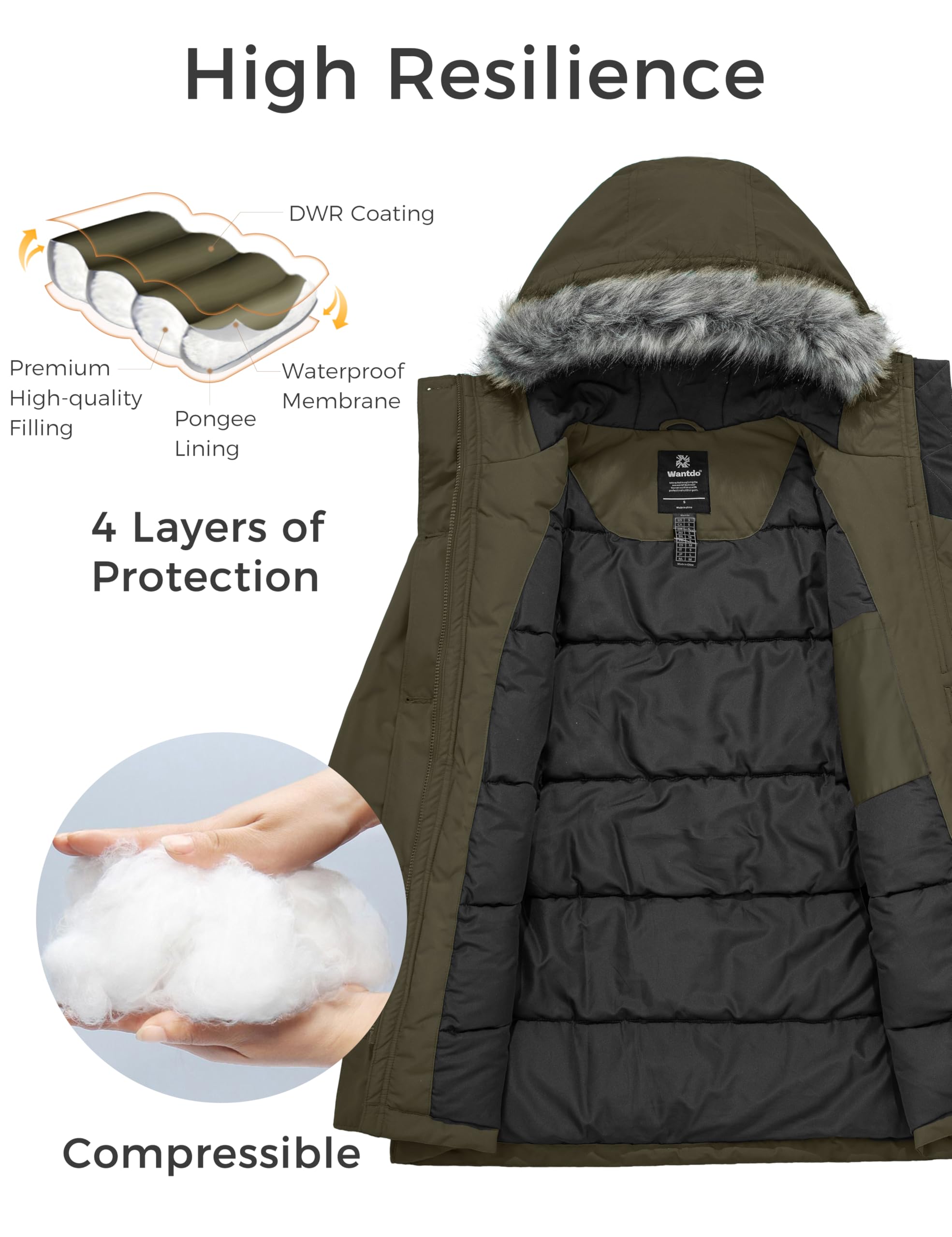 Wantdo Abrigo Cálido Antiviento Chaqueta de Algodón Invierno al Aire Libre Resistente al Agua Parka Gruesa Capucha con Pelo Desmontable para Mujer