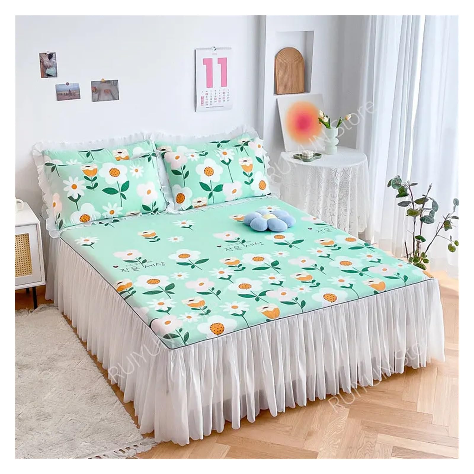 Decorative Lace Ruffled Non-slip Mattress Cover Printed Bedsheet Bed Cover(Style 5,1pc Skirt 150x200cm)
