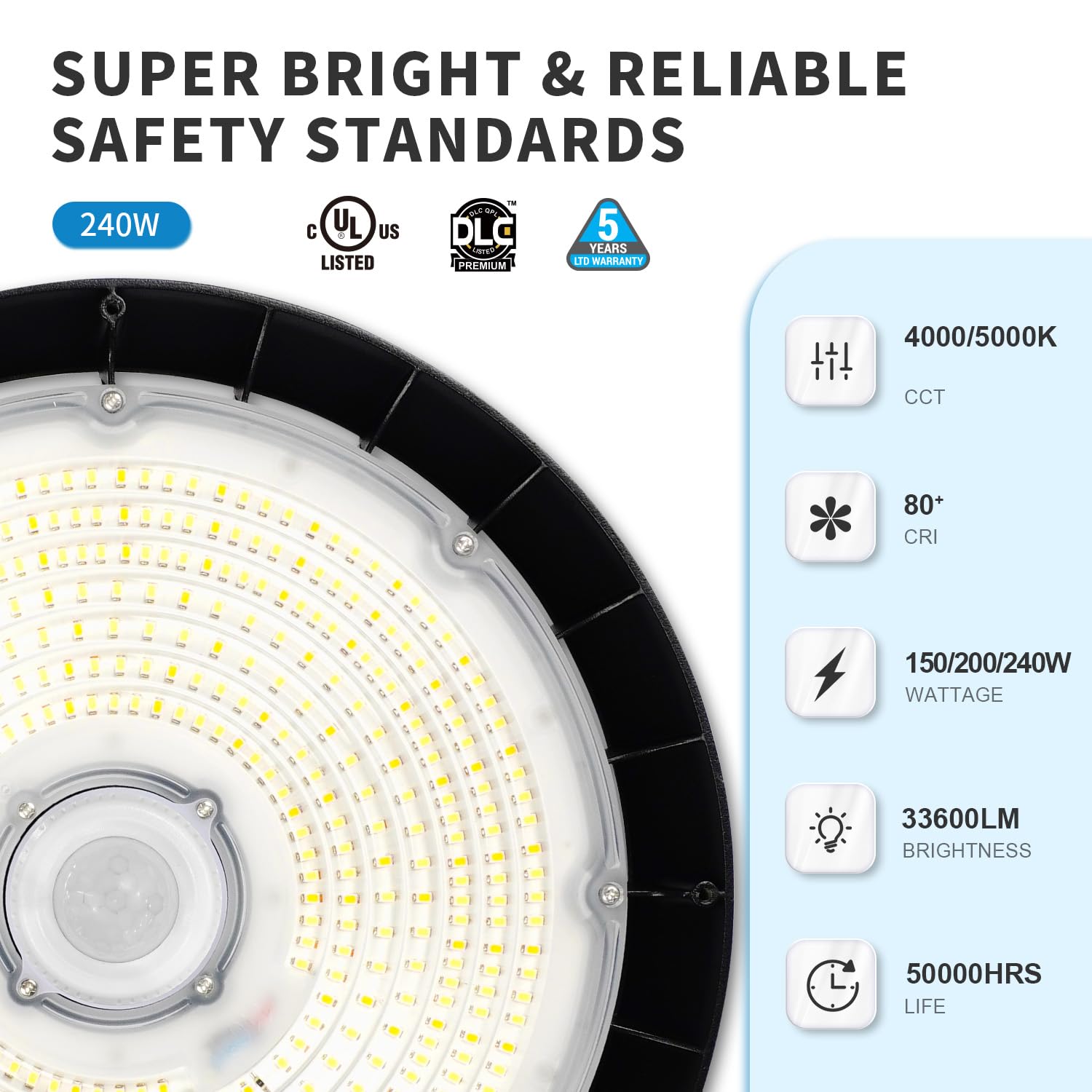 8 Pack UFO LED High Bay Light With Motion Sensor 150 200 240W 21000 28000 33600lm 2CCT 4000K — view 2