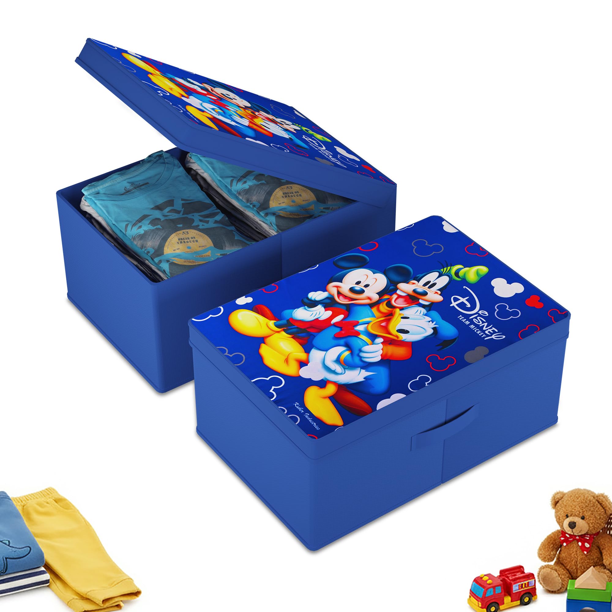 Kuber Industries 2 Pcs Non-Woven Wardrobe Organizer for Storage with Lid | Multipurpose Organisers Storage Box for Clothes, Books and Toys | Disney Goofy - Blue