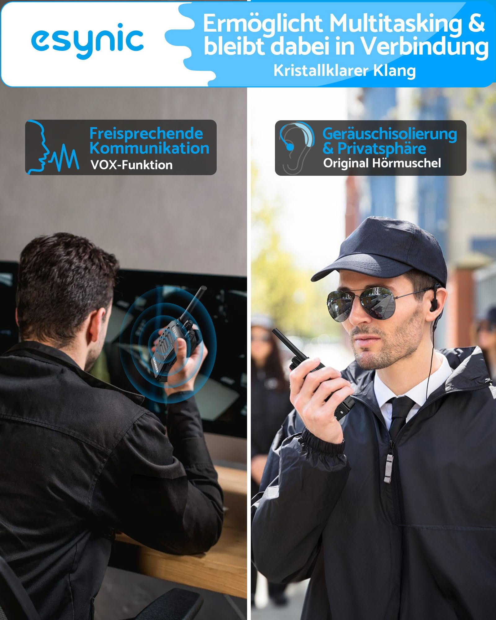 eSynic Wiederaufladbare Walkie Talkies – 8er Set PMR446 Lizenzfreie 2-Wege Radio mit 16 Kanälen, LED Taschenlampe, VOX Freisprechfunktion, Handgerät für Outdoor, Schule, Zuhause, Road Trip, Camping