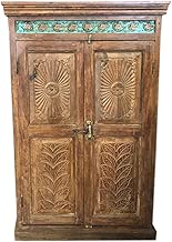 Antique Farmhouse Armoire Artistic Carved Cabinet Rustic Boho Eclectic Tiles Accent Storage Armoire