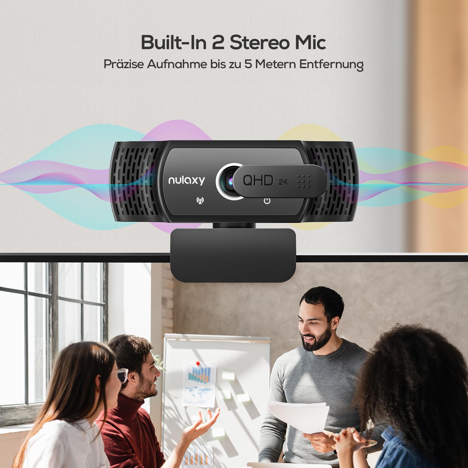 NULAXY Webcam 2K avec microphone, webcam USB Plug & Play avec cache de confidentialité pour ordinateur portable, PC, correction de la lumière, caméra Web USB pour appels vidéo, Skype, Zoom, FaceTime