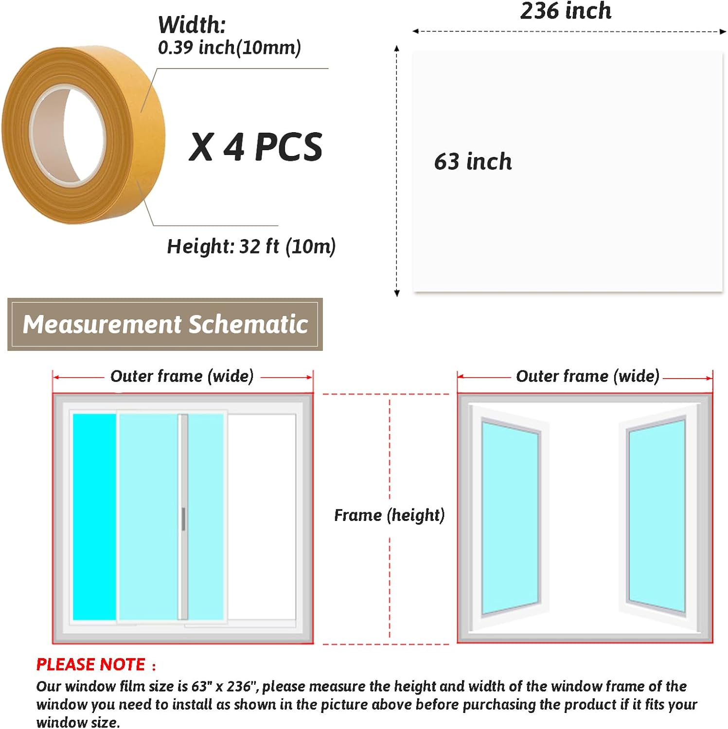63'' x 236'' Window Insulation Kit, POF Window Sealer , with 4 Double-Sided Tape for Weatherproofing Window Insulation to Keeps Cold Air Out (63'' x 236'')
