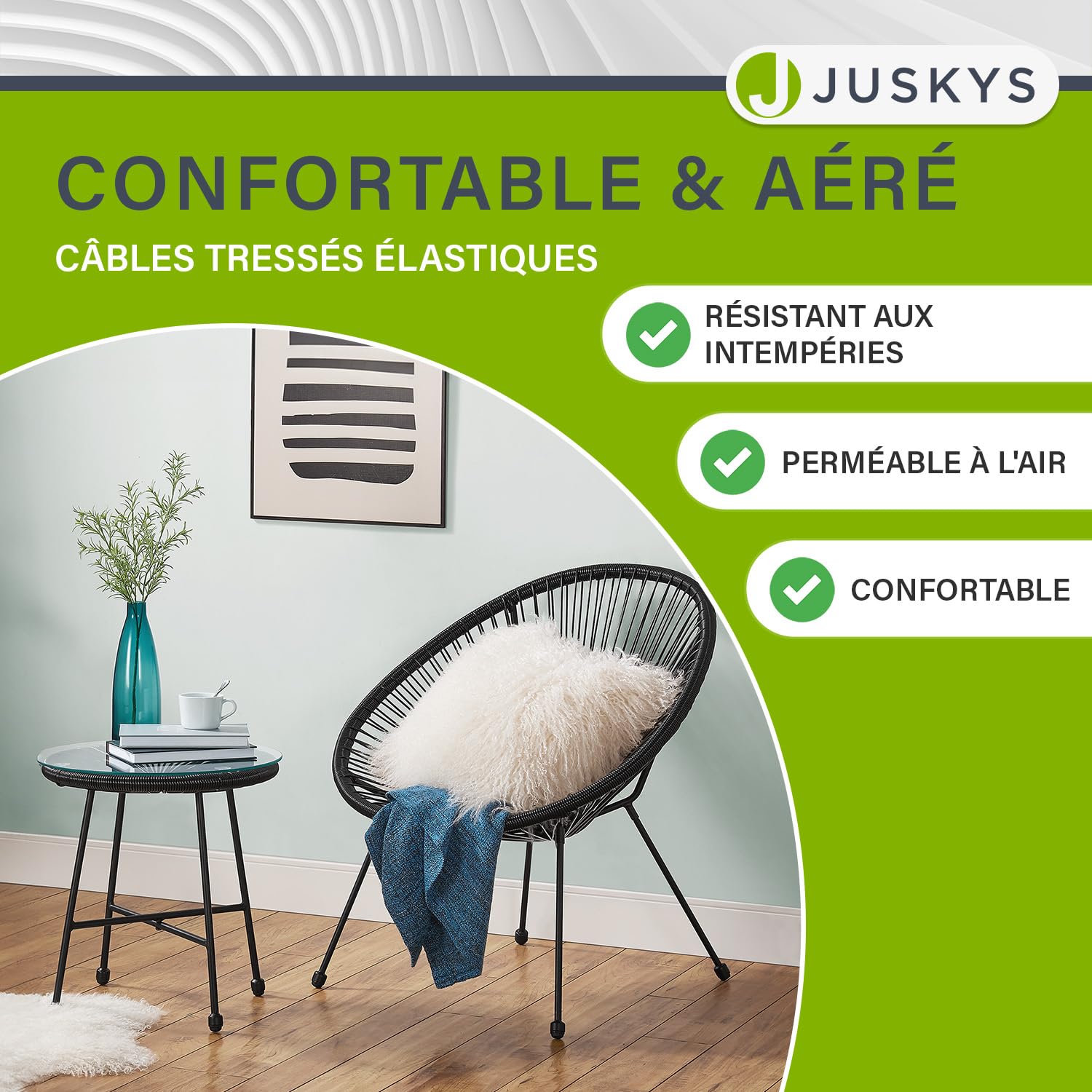 Juskys Ensemble de Meubles de Balcon Ostana en 3 Parties - Table et 2 fauteuils - Groupe de sièges élégant pour Balcon, terrasse et Jardin - Ensemble de Meubles de Jardin pour Balcon Noir
