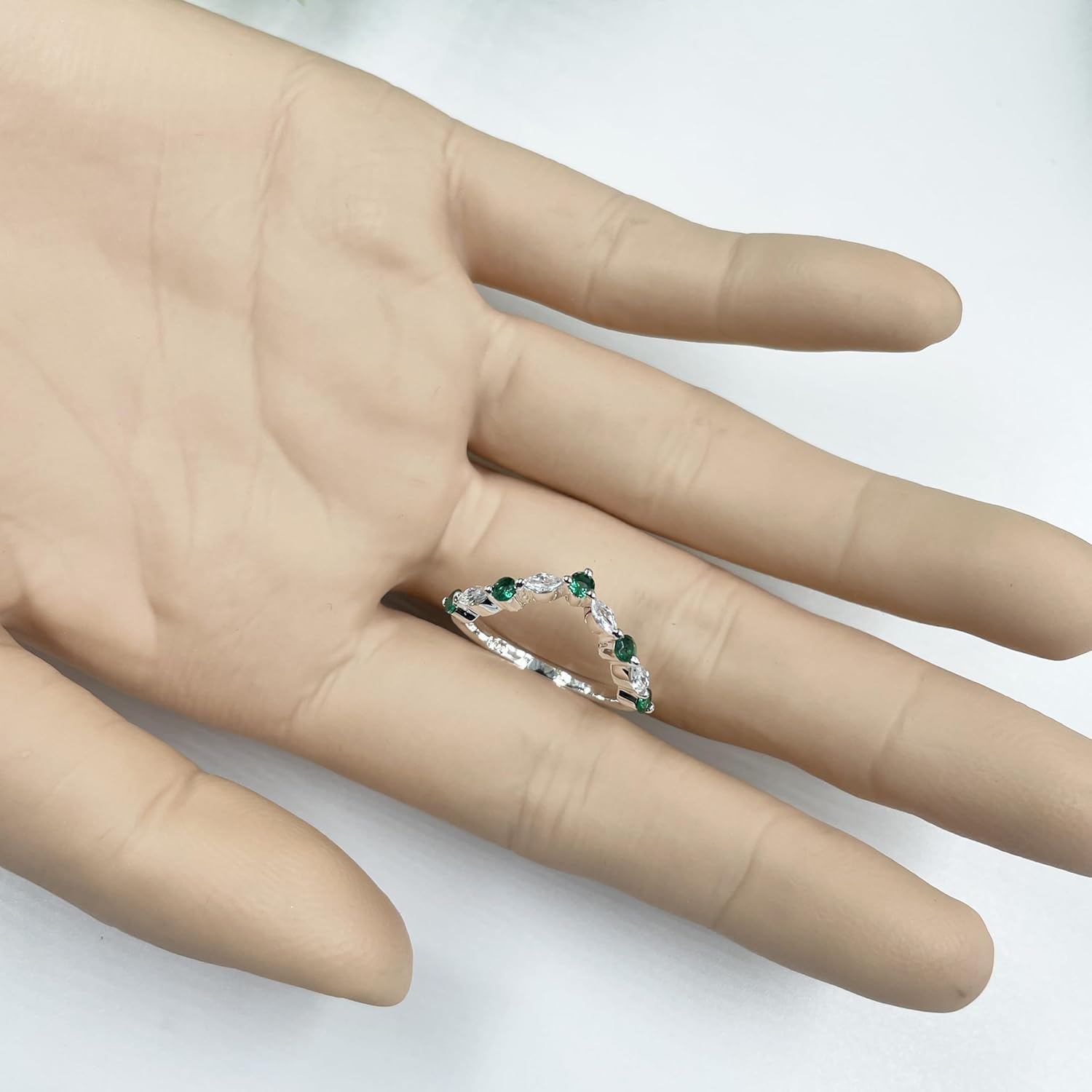 Marquise & Round Cut Green Emerald & White Diamond Chevron V Shape Wedding Band For Women, 14K Gold Plated 925 Silver May Birthstone Green Emerald V Style Anniversary Matching Band