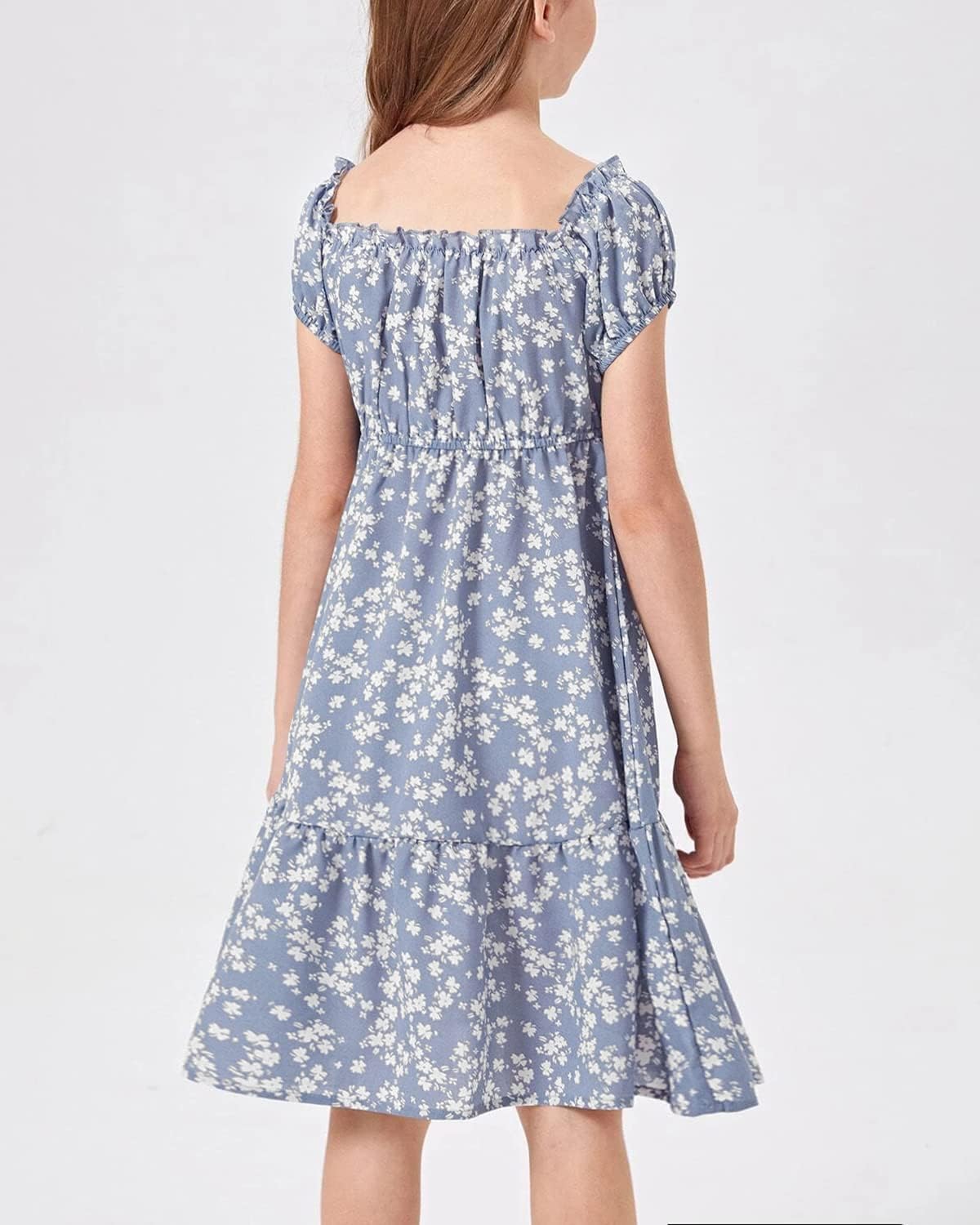 Girls Summer Dress Kids Floral Square Neck Puff Sleeve A-Line Midi Dresses - Image 5