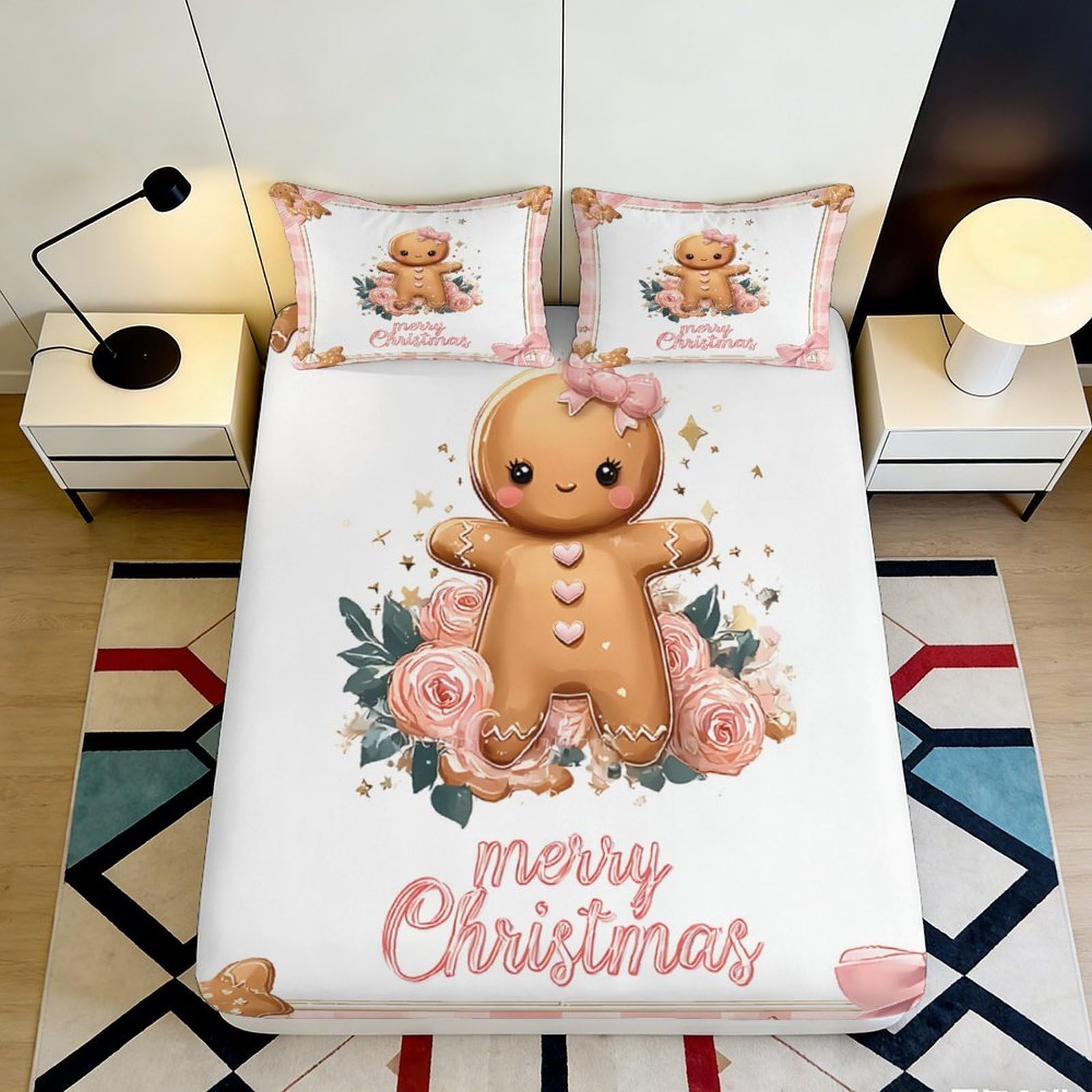 3D Printed Gingerbread Man Fitted Sheet Microfiber Soft Christmas Floral Bed Cover for Bedroom Guest Room Decor 90x200x25cm