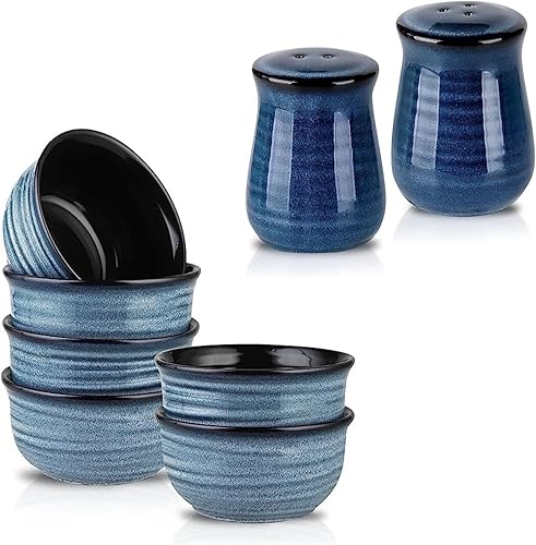 Hasense Juego de 6 cuencos de cerámica para cereales de 20 onzas y salero de porcelana, juego de 2, azul marino