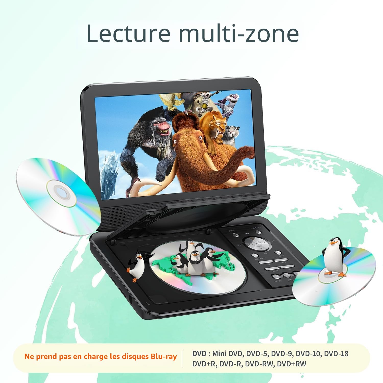 Yoton Lecteur DVD Portable 12,5" Écran Pivotant HD 10,5" avec Batterie Intégrée 6 Heures, Chargeur Voiture, USB/SD/TV, Noir