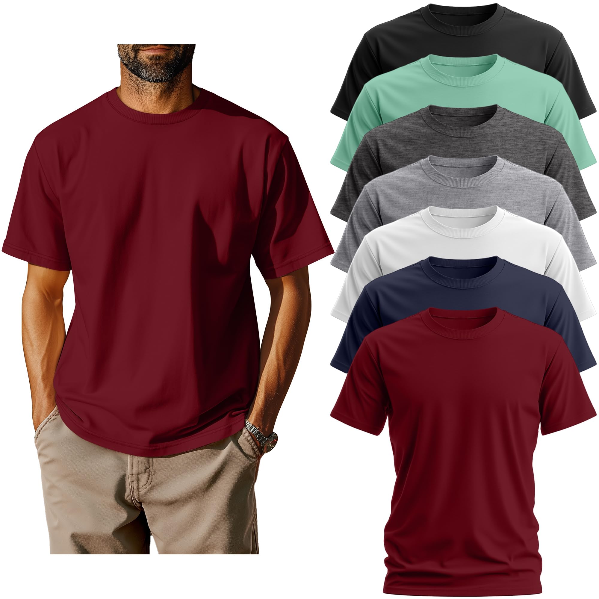 Neer Paquete de 7 camisetas de verano de algodón de manga corta para hombre, cuello redondo, estilo informal, básicas, de gran tamaño