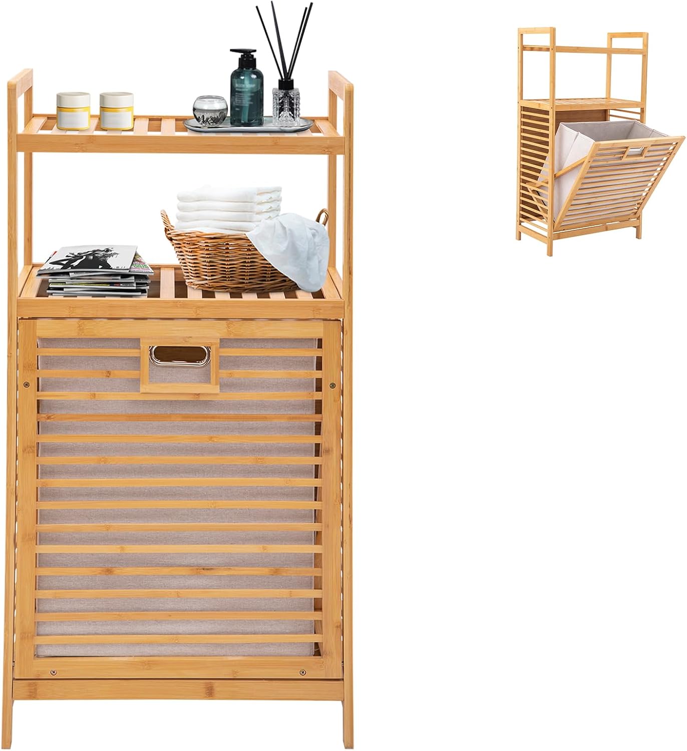3Tiers Bamboo Clothes Organizer,Free Standing Storage Shelf w/Foldable & Removable Basket,Tilt Out Laundry Basket for Laundry Room,Bathroom (Beige)