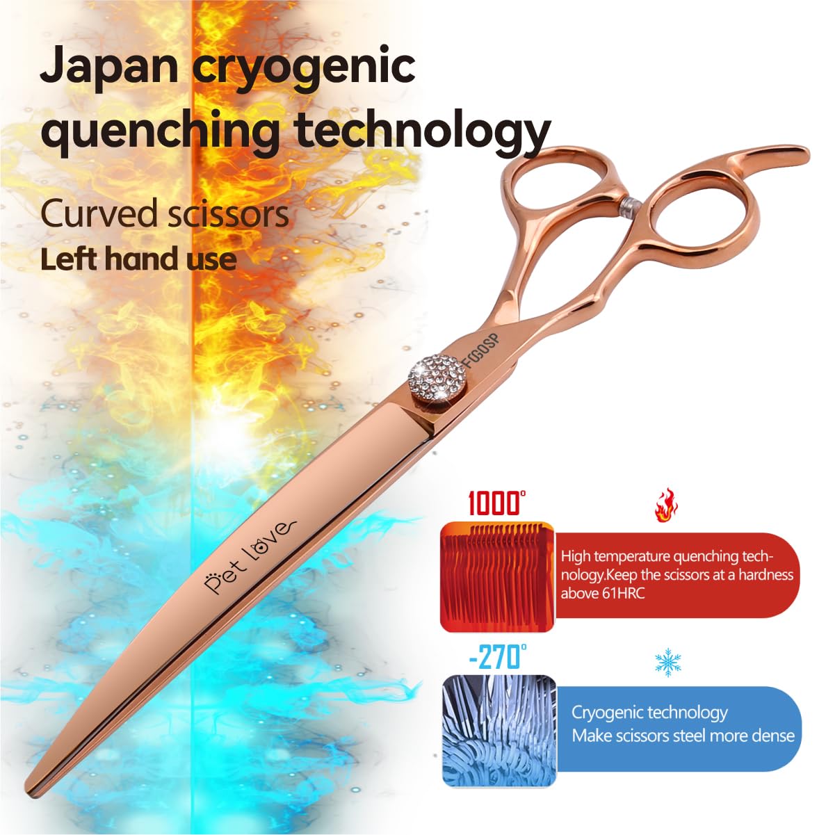 Professionelle linke Hände gebogenen Hund Pflege Schere 8 '' nach unten 30 ° Rose Gold Titan Japan 440C Haustier Pflege Schnitt Schere für große Hund Pudel (8, gebogen)
