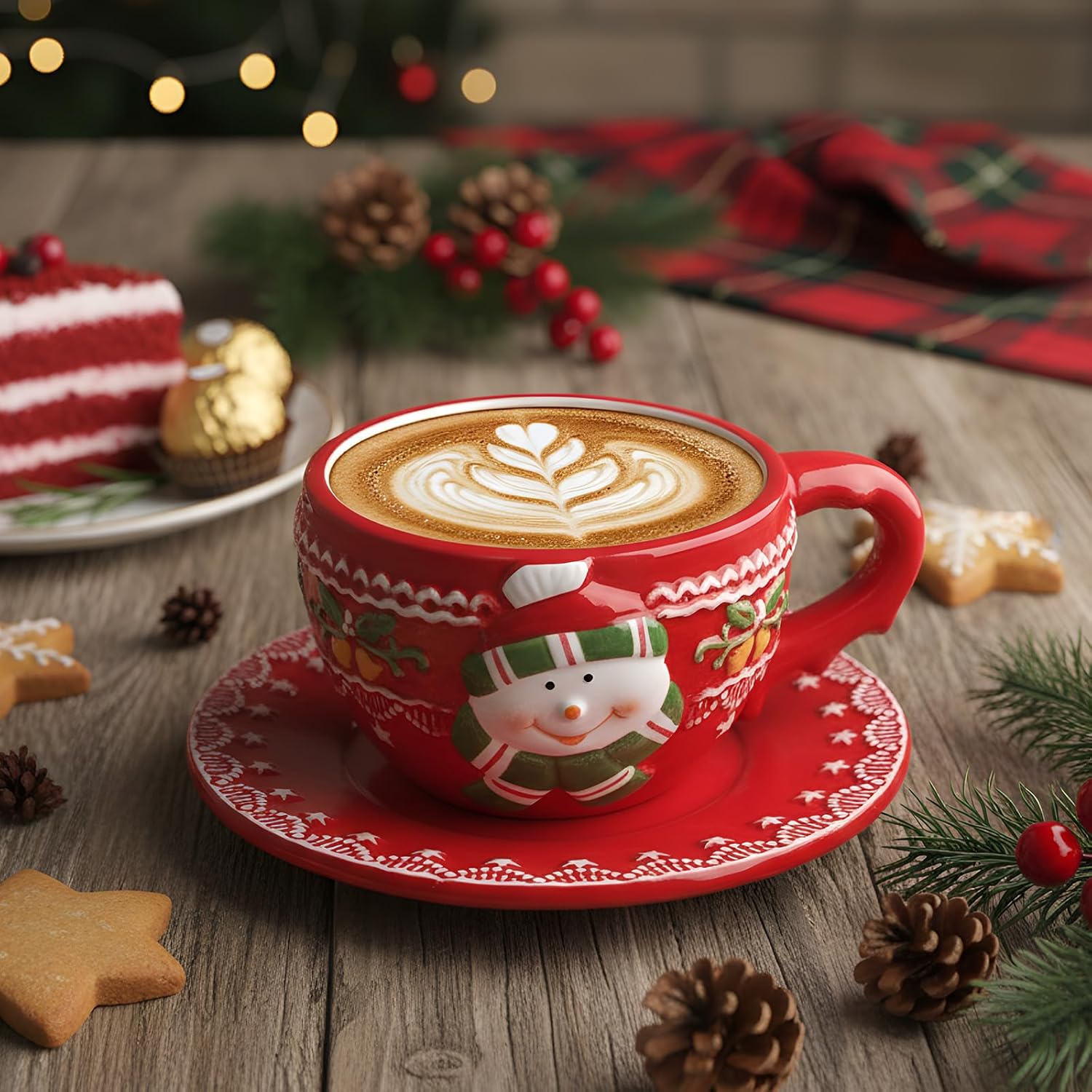 sieral 6 sets christmas santa cups and saucers ceramic beverage drinking mugs red espresso santa christmas coffee mugs for cafe tea kitchen holiday decorations (classic style)