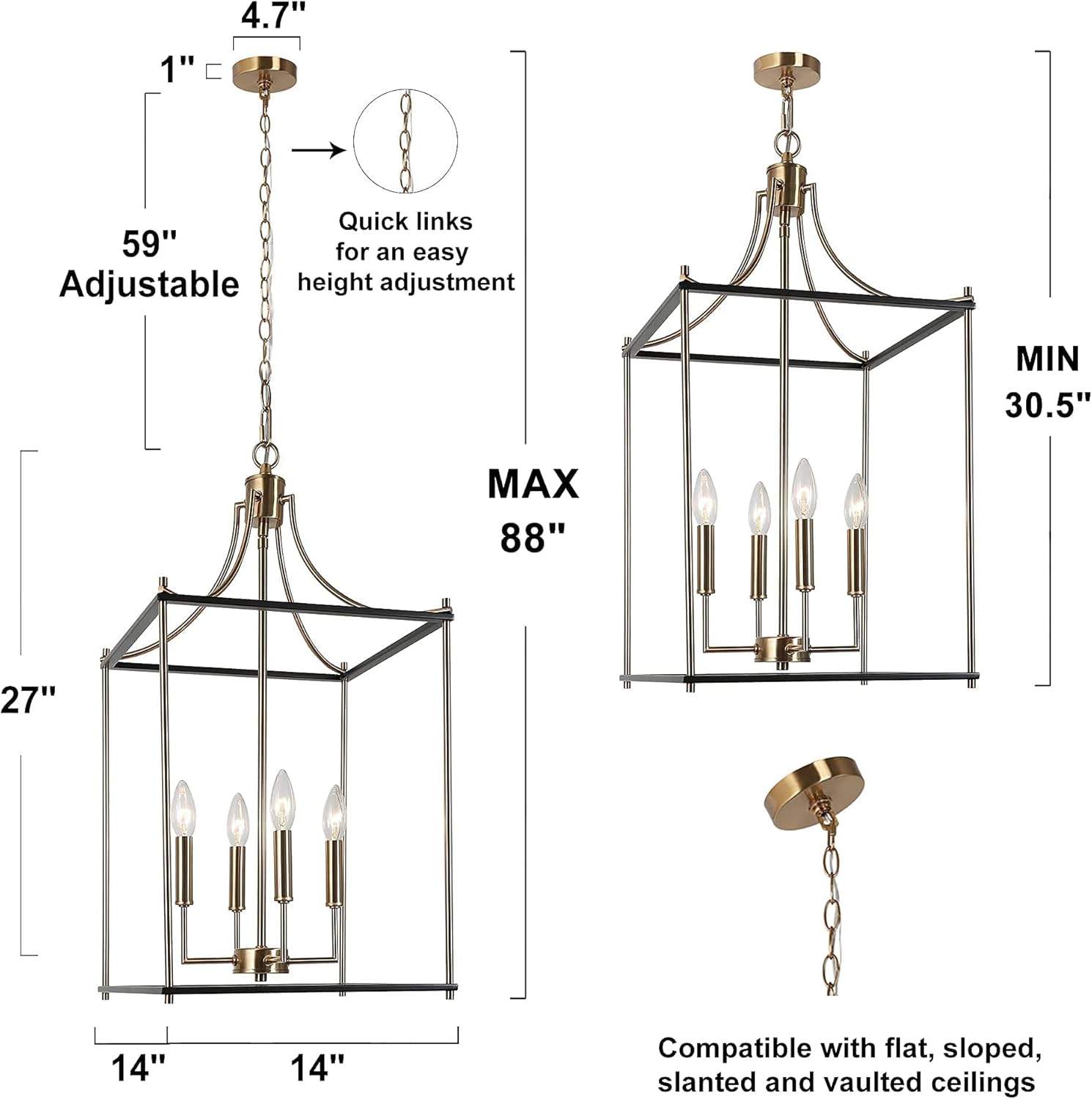Durent Lighting Modern Chandelier Light Fixture, 4-Light Black and Gold Lantern Chandelier, Hanging Ceiling Light for Dining & Living Room, Bedroom, Kitchen Island, and Foyer
