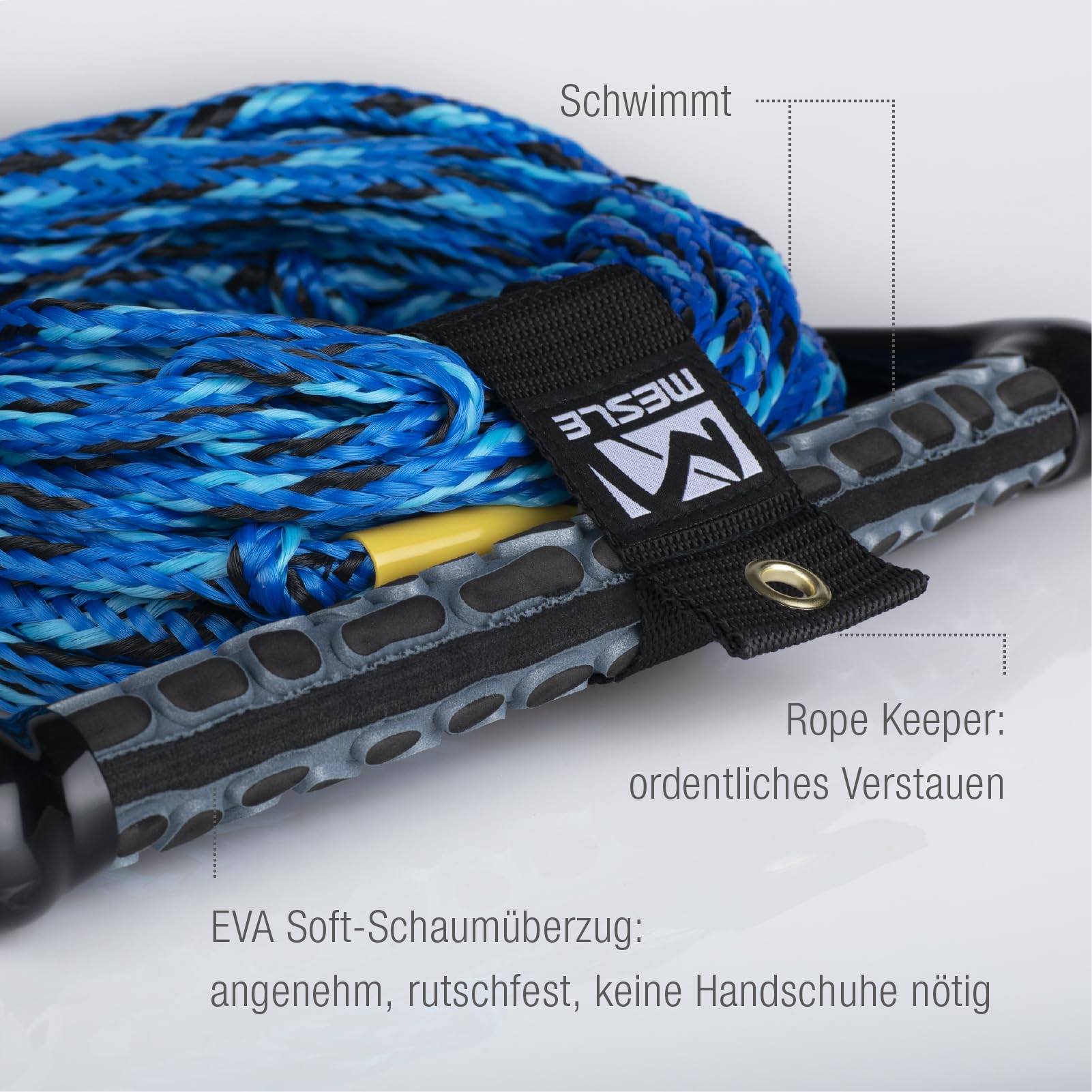 Mesle Ergo Corde pour Wakeboard et Ski Nautique, poignée Ergonomique en Mousse EVA, Flottante, Longueur de la Corde de Traction avec haltère 23 m, raccourcissable à 16,7 m, avec Rope Keeper