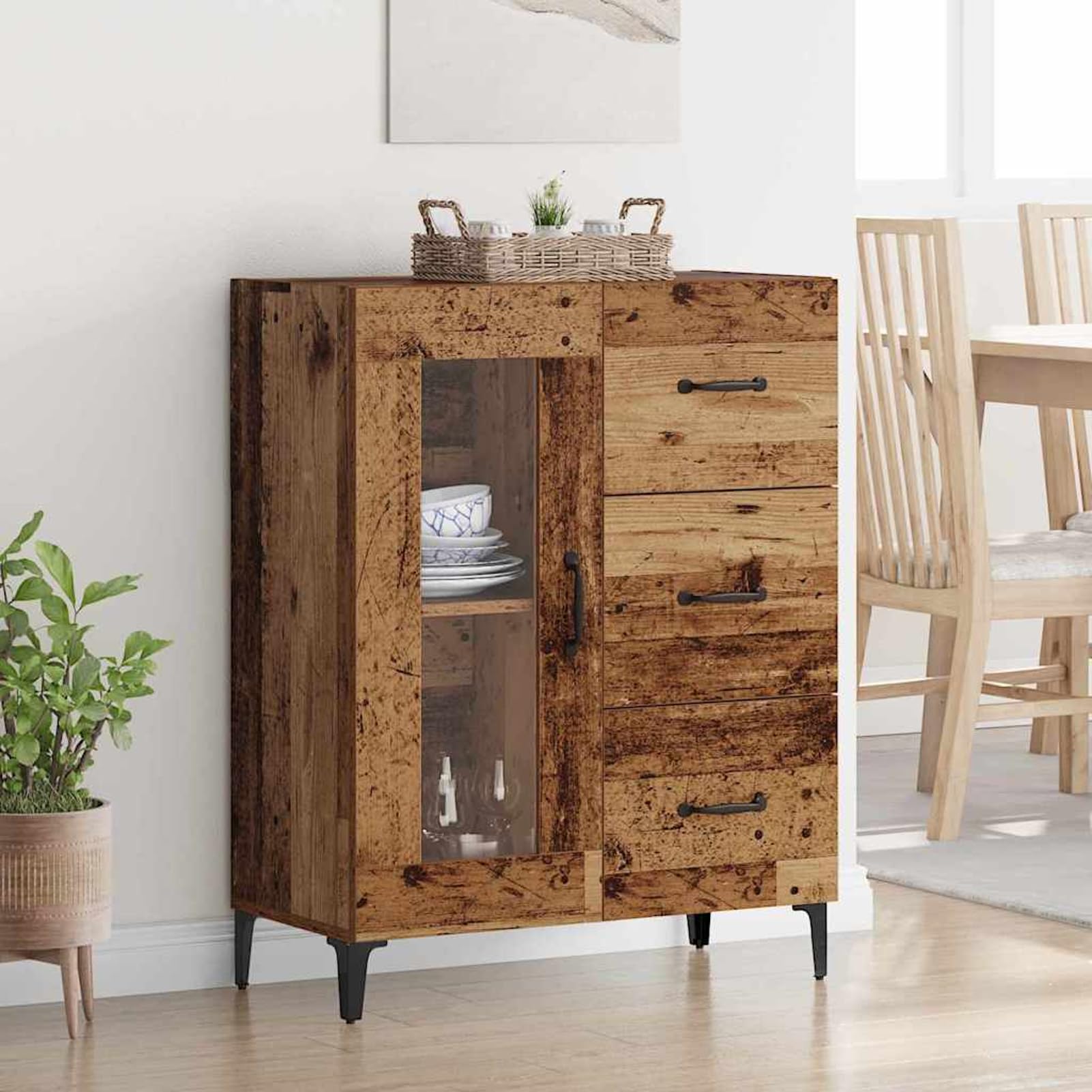 Gecheer Credenza con cassetto e Ante in Vetro, 69,5 x 34 x 90 cm, in Legno ingegnerizzato e Ferro, Stile Rustico per Sala da Pranzo e Soggiorno