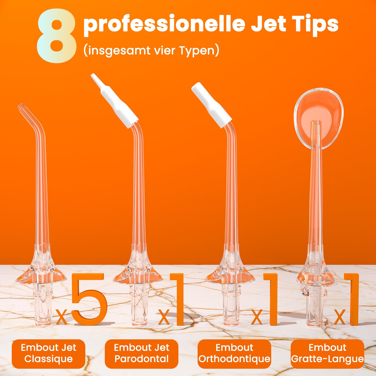 Jet Dentaire Hydropulseur Professionnel - 4 Modes de Nettoyage, Réservoir 320ML Grande Capacité, 8 Buses Interchangeables, USB Charge Rapide, IPX7 Étanche, Portable pour Maison & Voyage Blanc