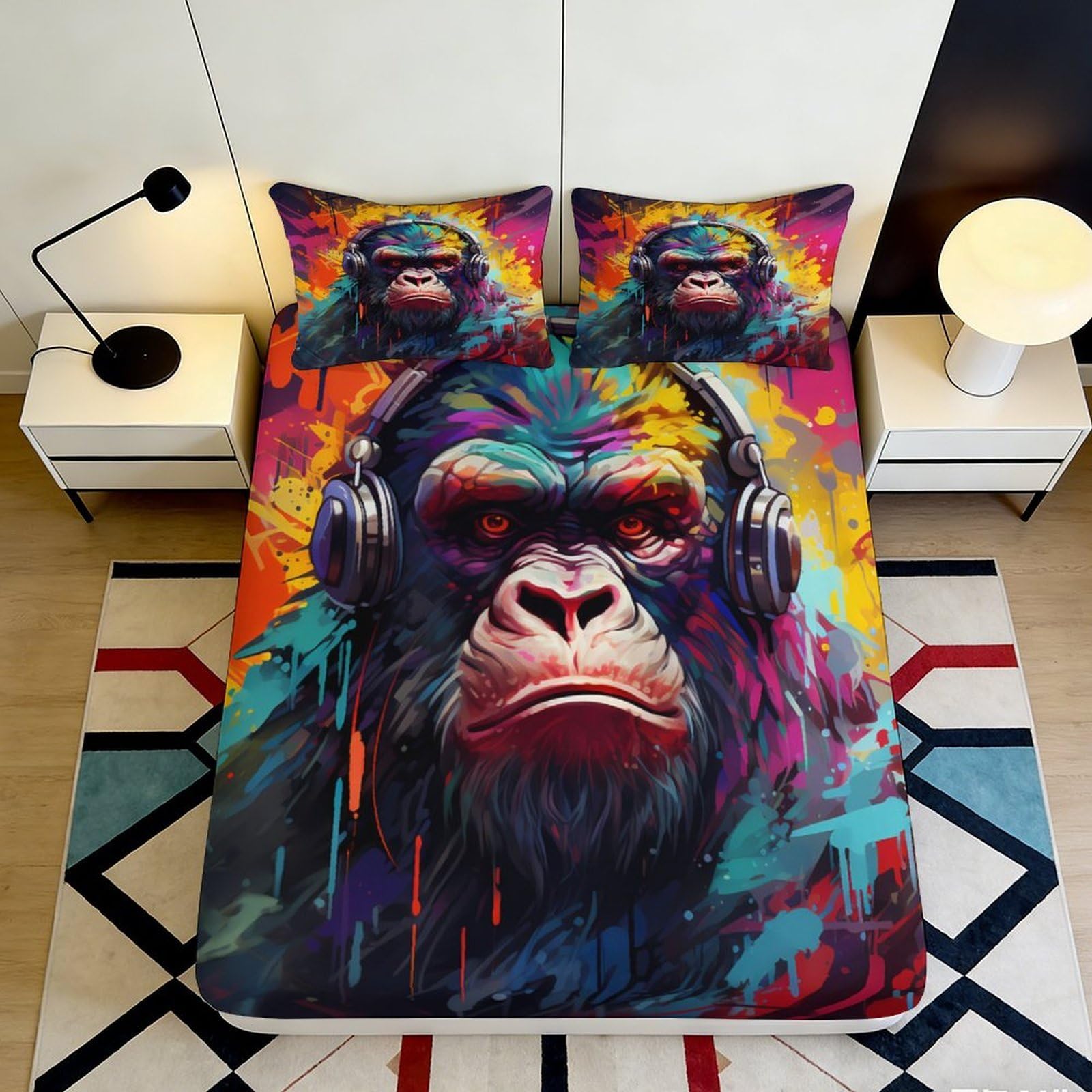 Pnayamiorkfel Style-2 3D Printed Graffiti Gorilla Fitted Sheet Microfiber Vibrant Headphone Art Bed Cover For Bedroom Dorm Room Decor 90X200x25cm