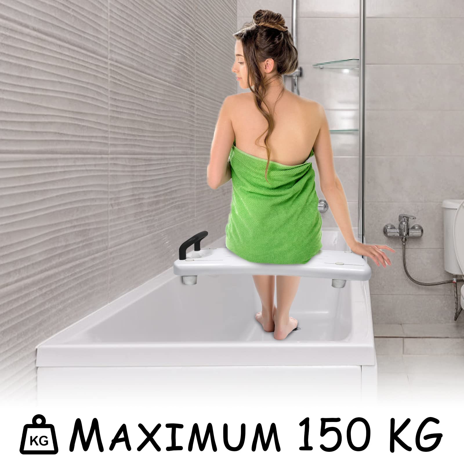 Siège de bain pour personnes âgées, planche de bain pour s'asseoir, 70 x 31 cm, réglable de 41 à 63 cm, pour baignoire, planche blanche, plastique PP, poignée noire, poignée jusqu'à 150