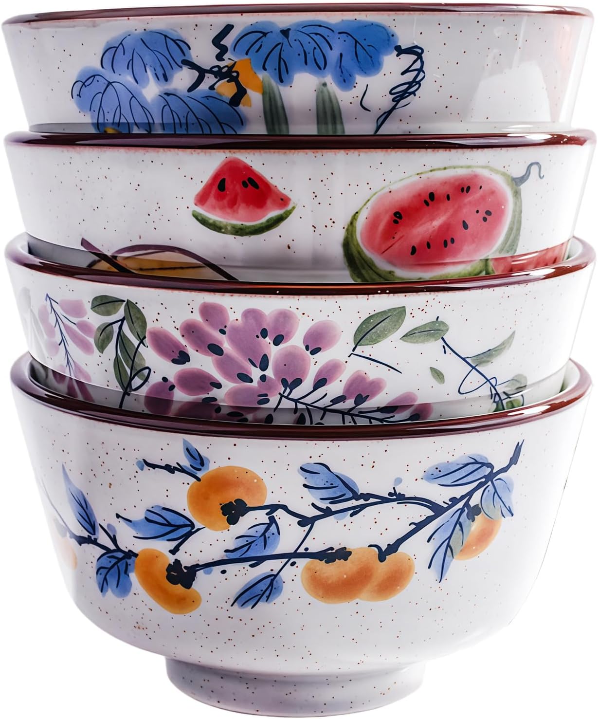 Ceramic Rice Bowl Set of 4, 5'' Dessert Bowls with Fruit and Floral Motifs