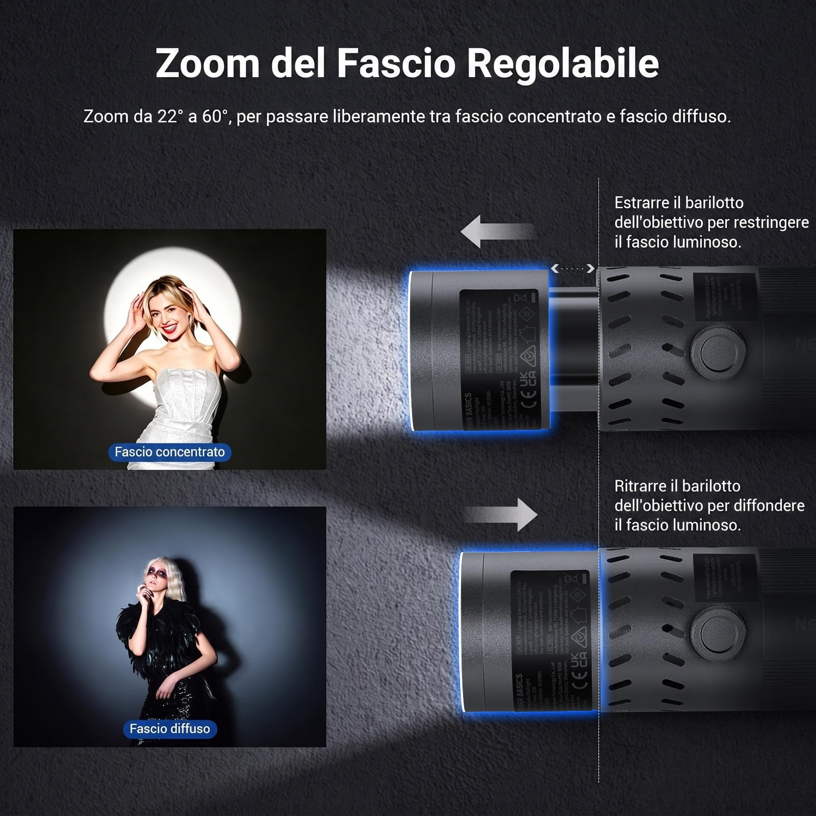 NEEWER BASICS Torcia Fotografica RGB da 20W con 4 Colori | 20 Filtri Gobo, Batteria Integrata da 49,95Wh, 6300K CRI95+ Faretto LED Portatile Luce Ambientale Tramonto per Video, FL20