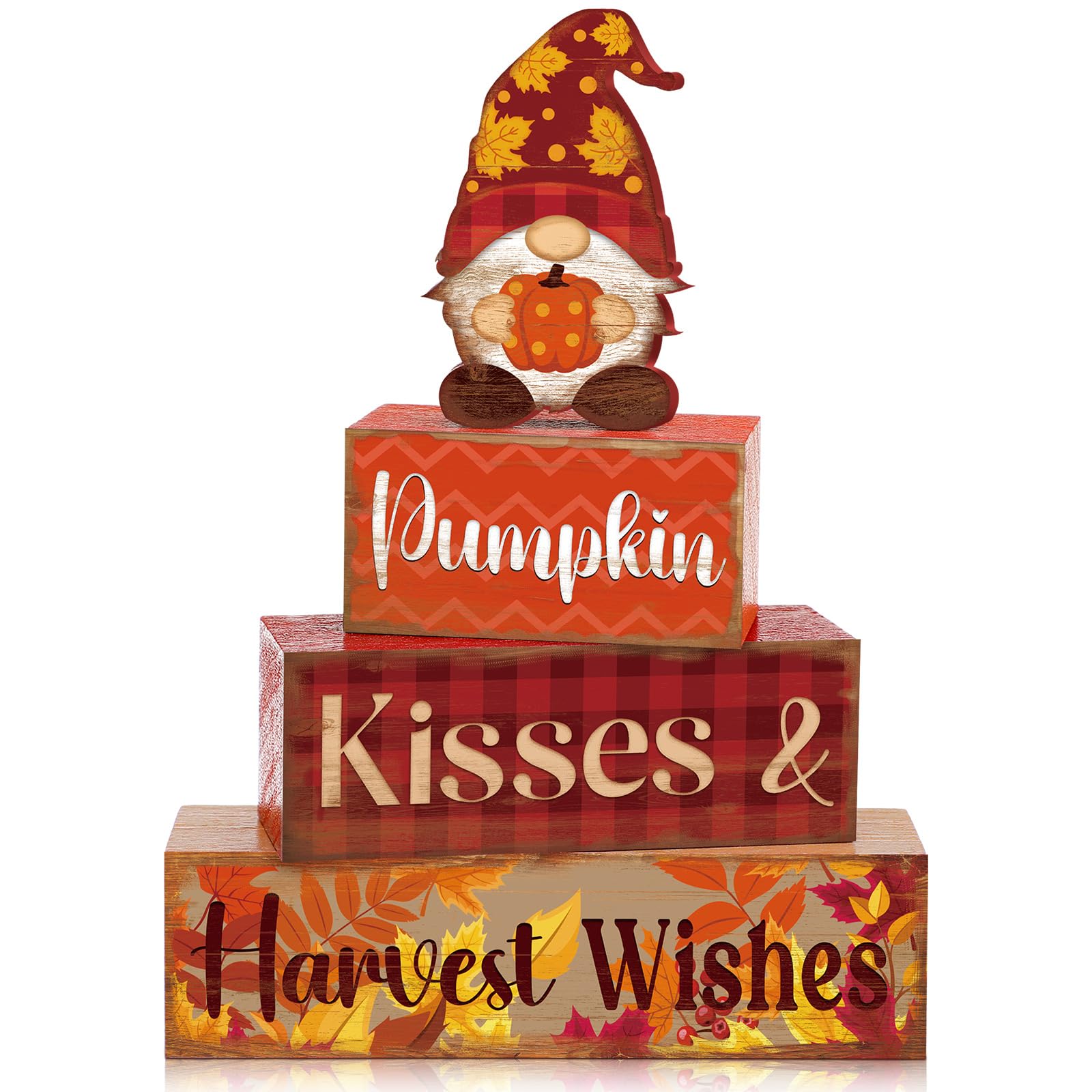 Quzzil 4 Pcs Fall Decor for Home Gnomes Wooden Signs with Sayings Fall Gnomes Tiered Tray Decor Autumn Harvest Tabletop Centerpiece Pumpkin Block Signs for Thanksgiving Office Kitchen Shelf