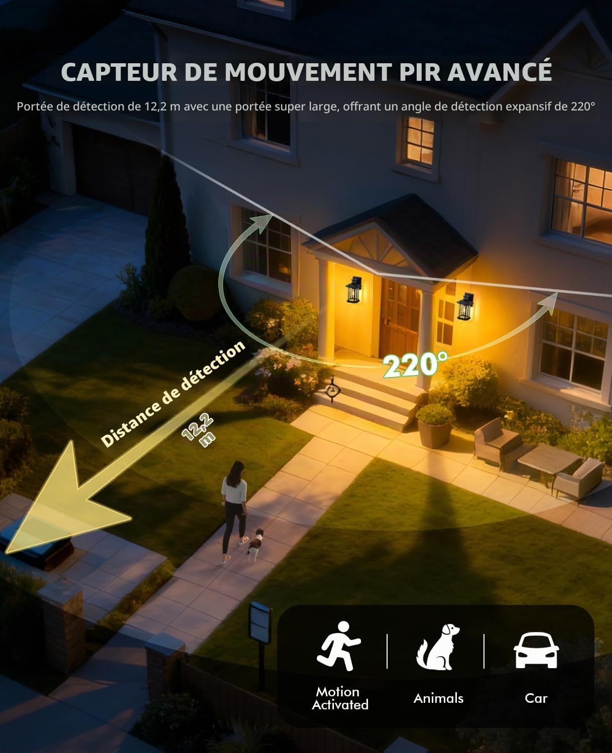 FTL Applique Extérieure avec Détecteur de Mouvement, 3 Modes E27 Lanterne Murale pour Extérieur, Noire Porche Luminaire Exterieur avec Capteur de Mouvement, IP44 Éclairage d'extérieur pour Jardin