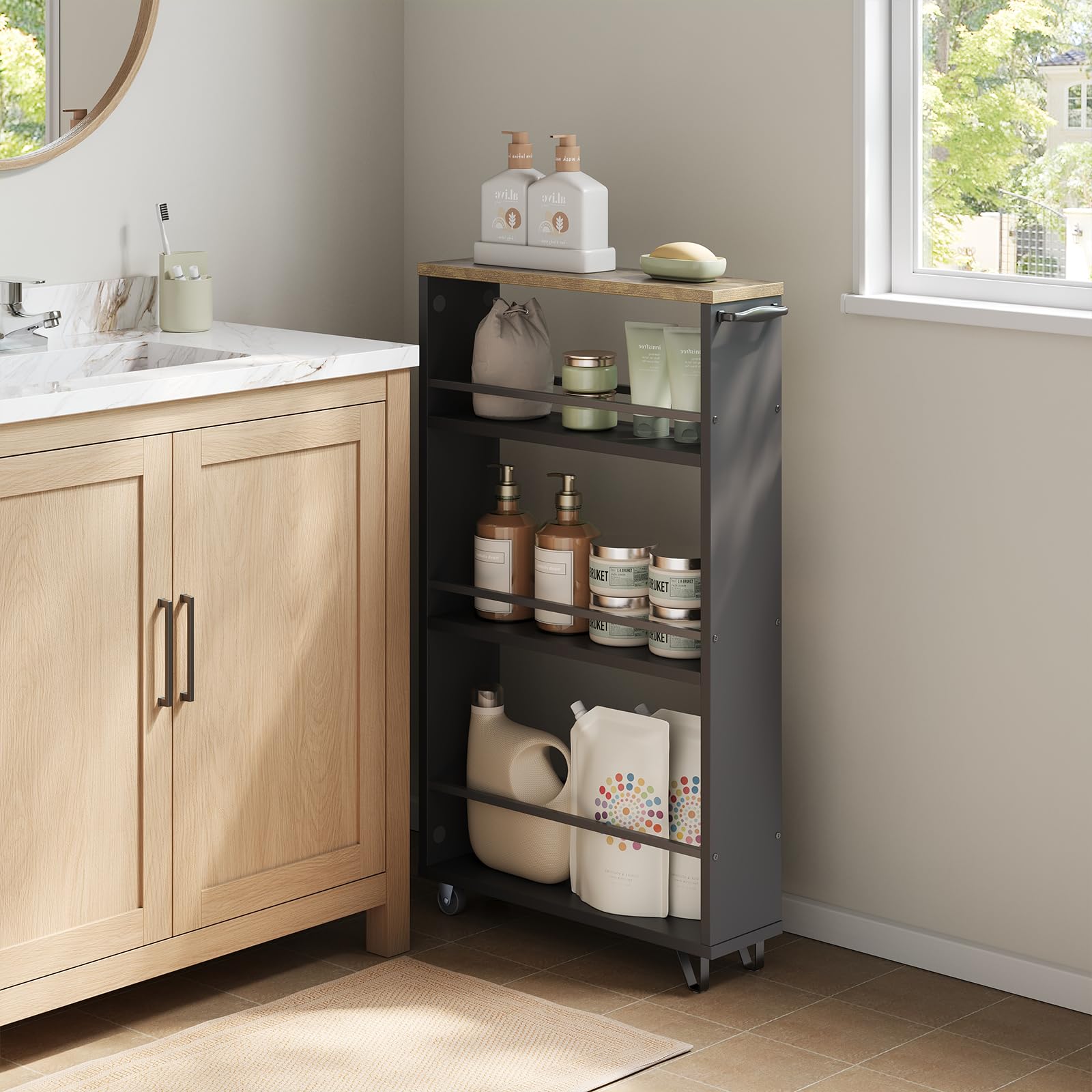 WOLTU Carrello da Cucina a 3 Ripiani, Scaffale Stretto con Ruote Bloccabili e Maniglia, Carrellino Salvaspazio Multiuso in Legno e Metallo, Nero e Marrone Vintage