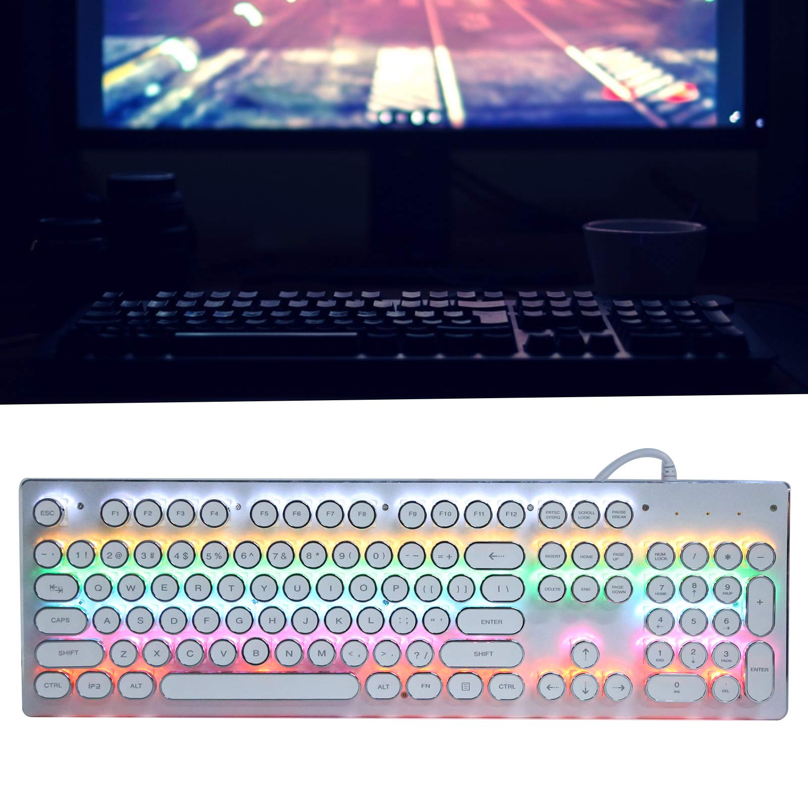 Generic Retro Przewodowa Klawiatura do Gier z Klawiszem i Mieszanym światłem 104 Klawisze Ergonomiczna Konstrukcja dla Graczy, Wodoodporna i Pyłoszczelna, Uniwersalna do Komputerów (WHITE)