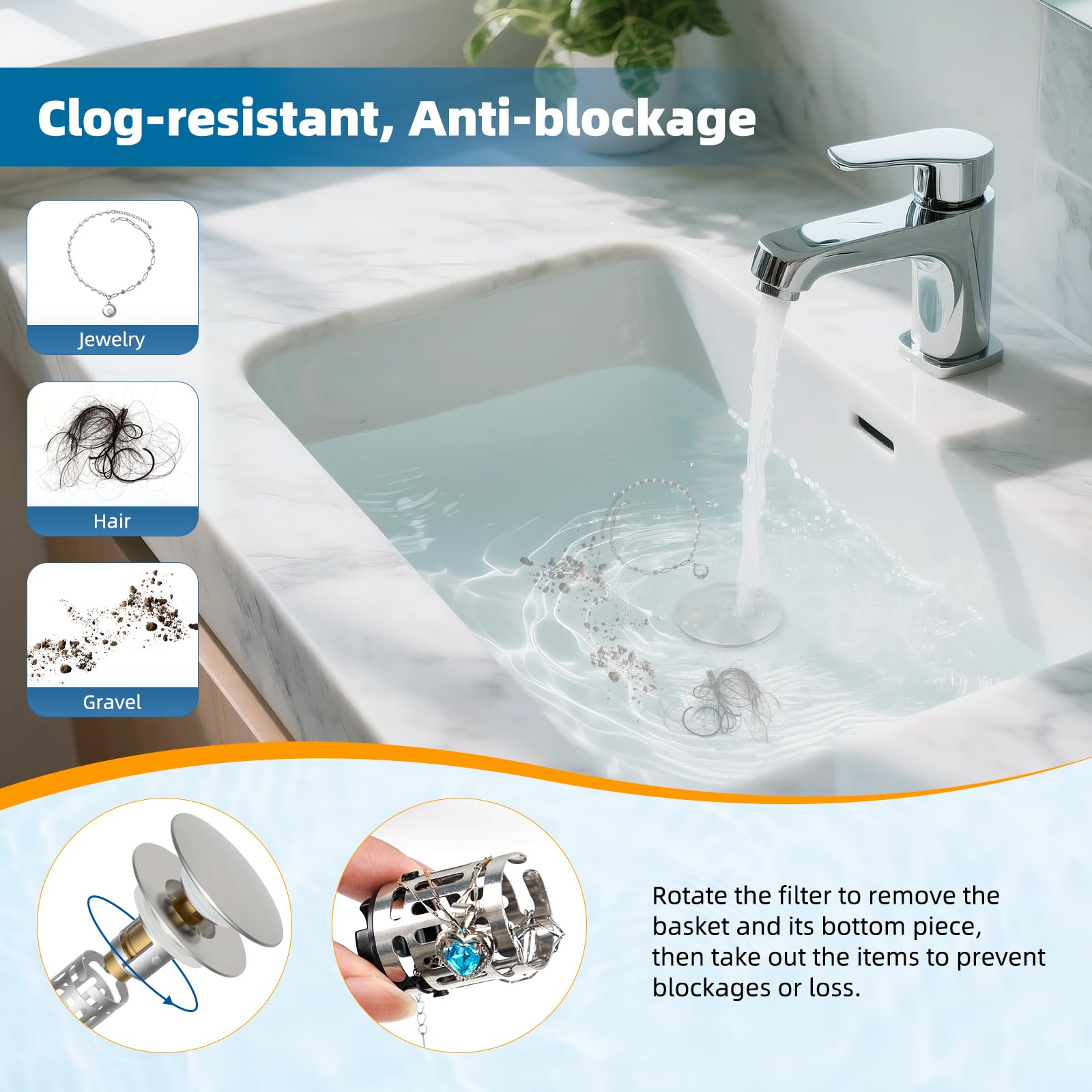 Hibbent 3-in-1 Waschbecken-Abflusssieb, Pop-Up-Waschbeckenstöpsel mit großer Kappe, verstopfungsfreier Metall-Filterkorb, Waschbeckenstöpsel mit Haarfänger für 2,8 cm ~ 5,9 cm Waschbecken, gebürstetes
