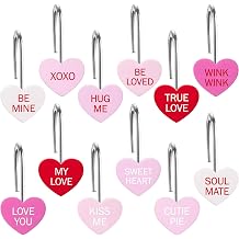MALLMALL6 12Pcs Love Heart Conversation Shower Curtain Hooks Metal Rustproof Pink Heart Decorative Pendants with True Love Be Mine Bathroom Room Decor Accessories Stainless Curtain Rings