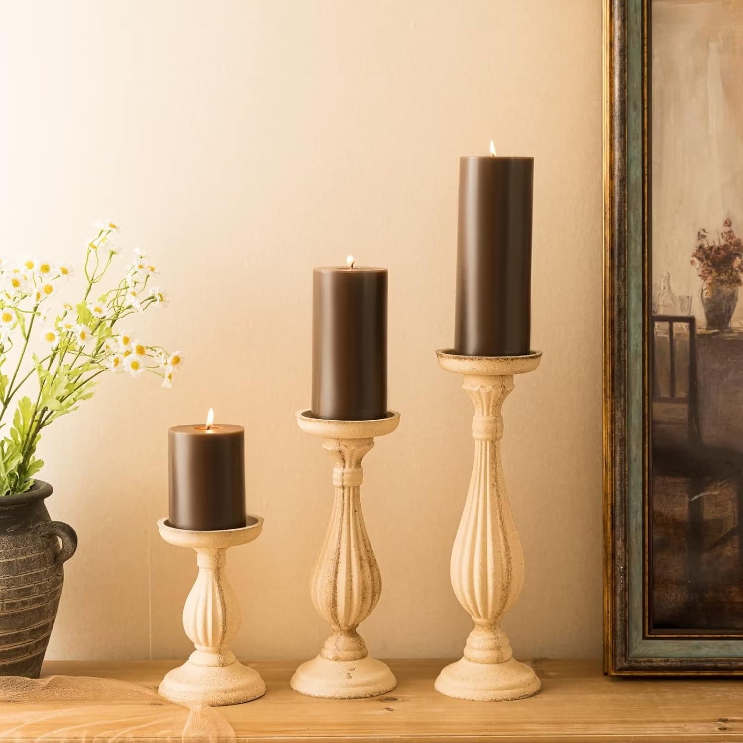 MOZEAL 3" x 4" Hand-Poured Unscented Candle,Dripless Pillar Candle Set of 3,Long Clean Burning,Approx 72 Hours Burn Time,Rustic Country Style,Wedding,Dinner,Christmas and Home Decor,Brown
