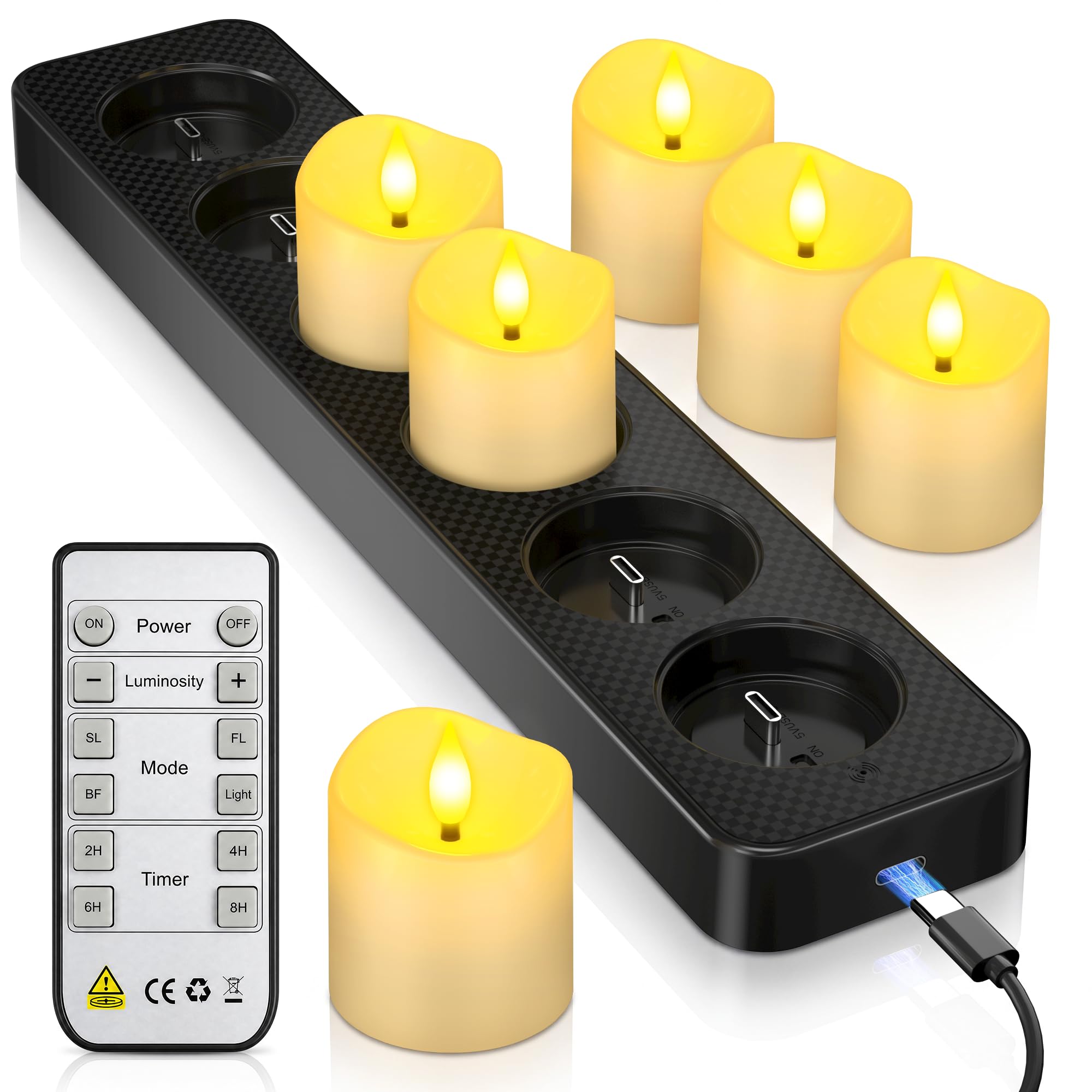 SoulBay Rechargeable Tea Lights with Charging Base & Remote Control, 6pcs