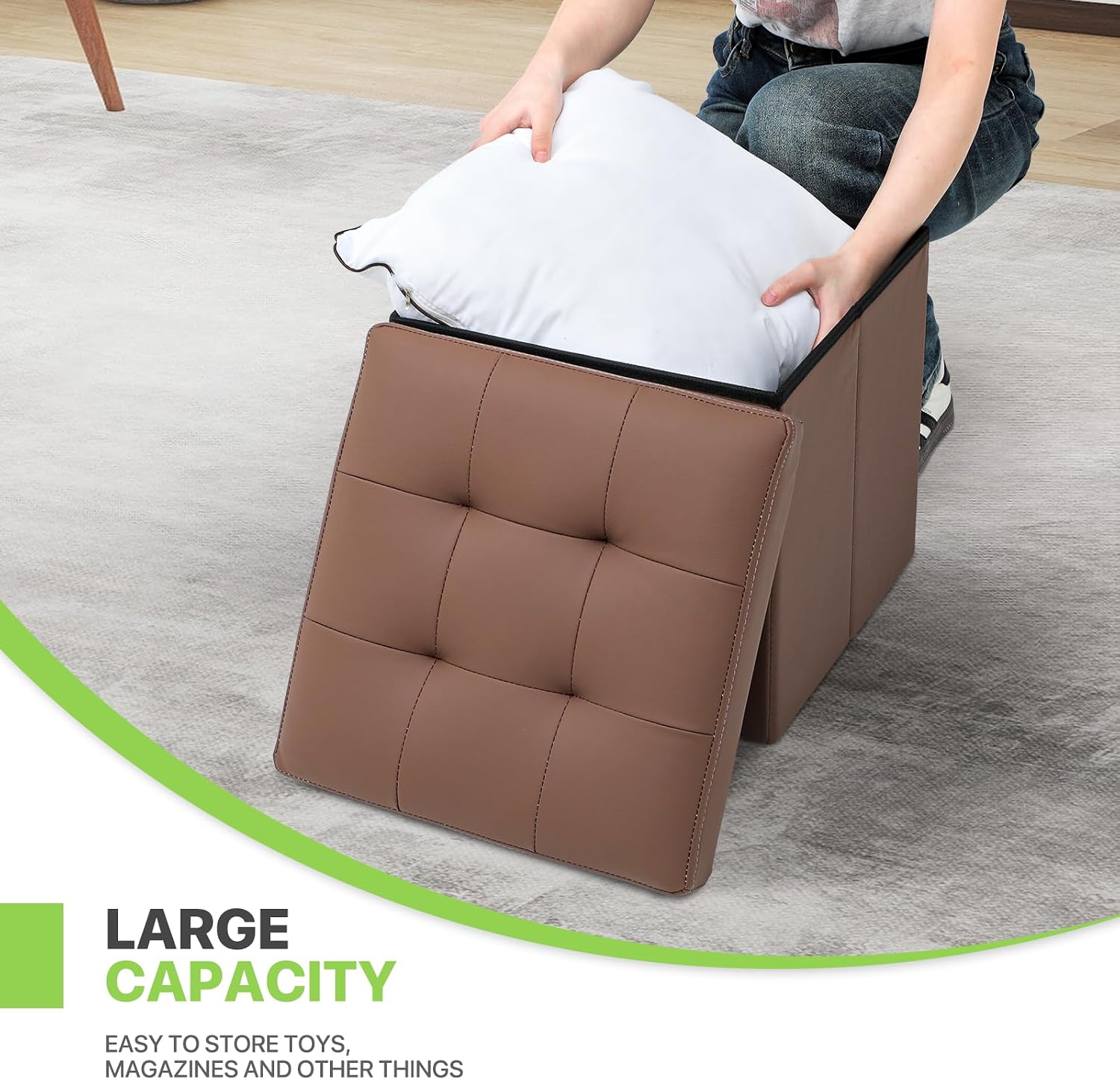 Magshion Folding Ottoman Cube, 15 x 15 x 15 Inches PU Leather Footrest Stool, Small Square Ottoman with Hidden 42L Storage for Entryway, Living Room, Dorm, Bedroom, Brown
