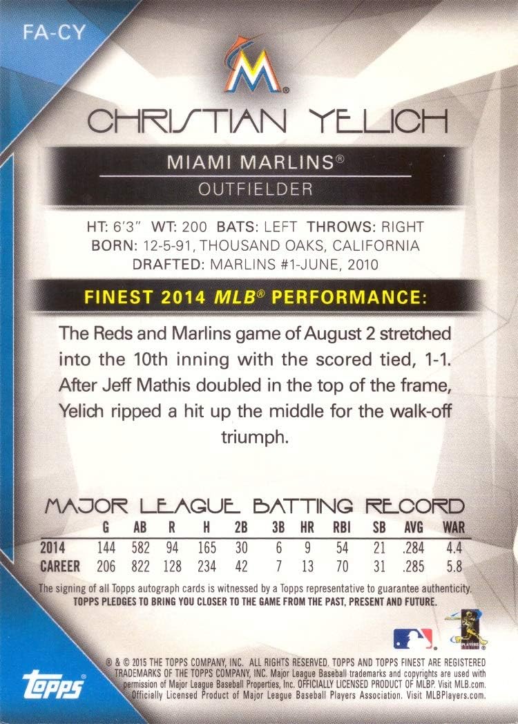 2015 Topps Finest Refractor #FA-CY Christian Yelich Certified Autograph Baseball Card