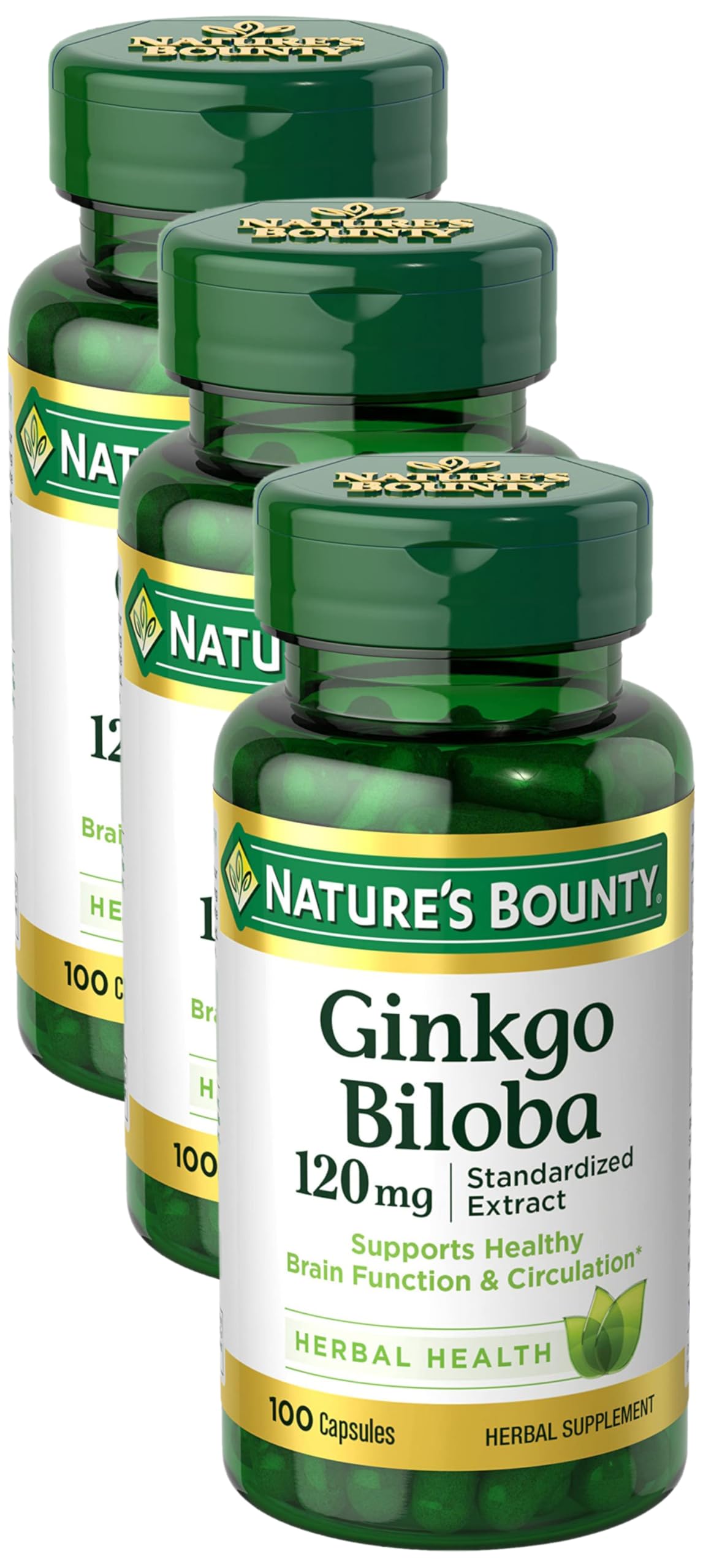 Nature's Bounty Ginkgo Biloba Capsules 120mg, Memory Support Supplement, Supports Brain Function and Mental Alertness, 100 Capsules (Pack of 3)