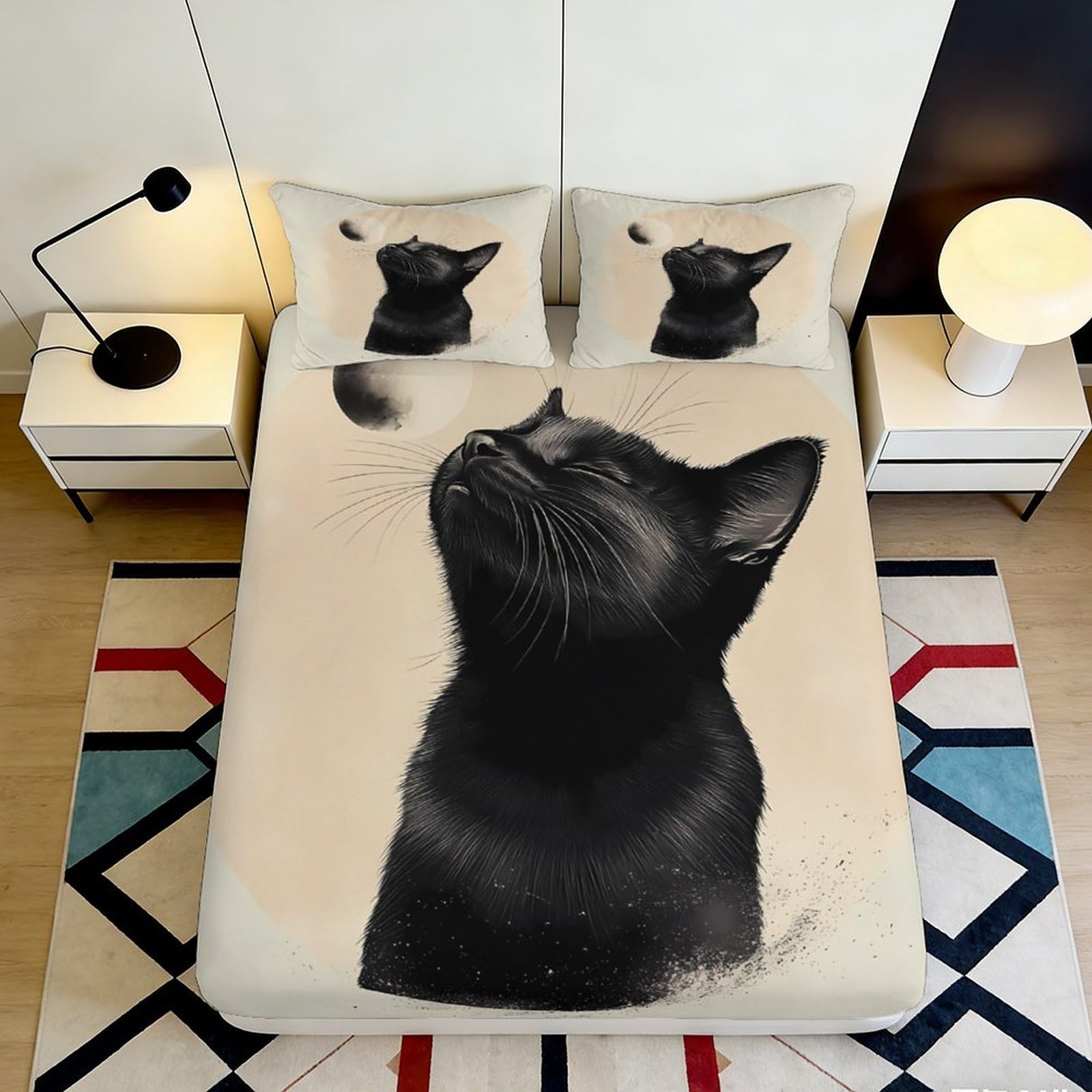 3D Printed Black Cat Art Fitted Sheet Microfiber Soft Breathable Moon Matte Mattress Cover for Bedroom Dorm Apartment Decor, Easy Care, Non-Slip 120x200x25cm