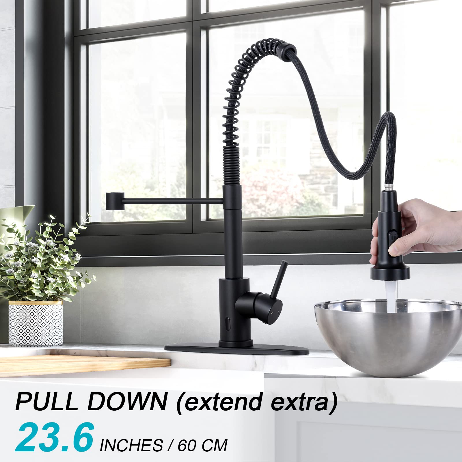 HGN Kitchen Faucet with Pull Down Sprayer, Touchless Motion Spring Sink Faucets with 10 inch Deck Plate, Single Handle Spring Kitchen Sink Faucet (Matte Black)