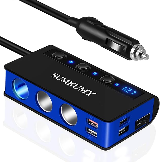 180W Cigarette Lighter Splitter, Quick Charge 3.0 12V/24V 3-Socket Car Cigarette Lighter Adapter with 6.6A 4 USB Ports Separate Switch LED Voltmeter,for GPS, Dash Cam, Sat Nav, Phone, Tablet