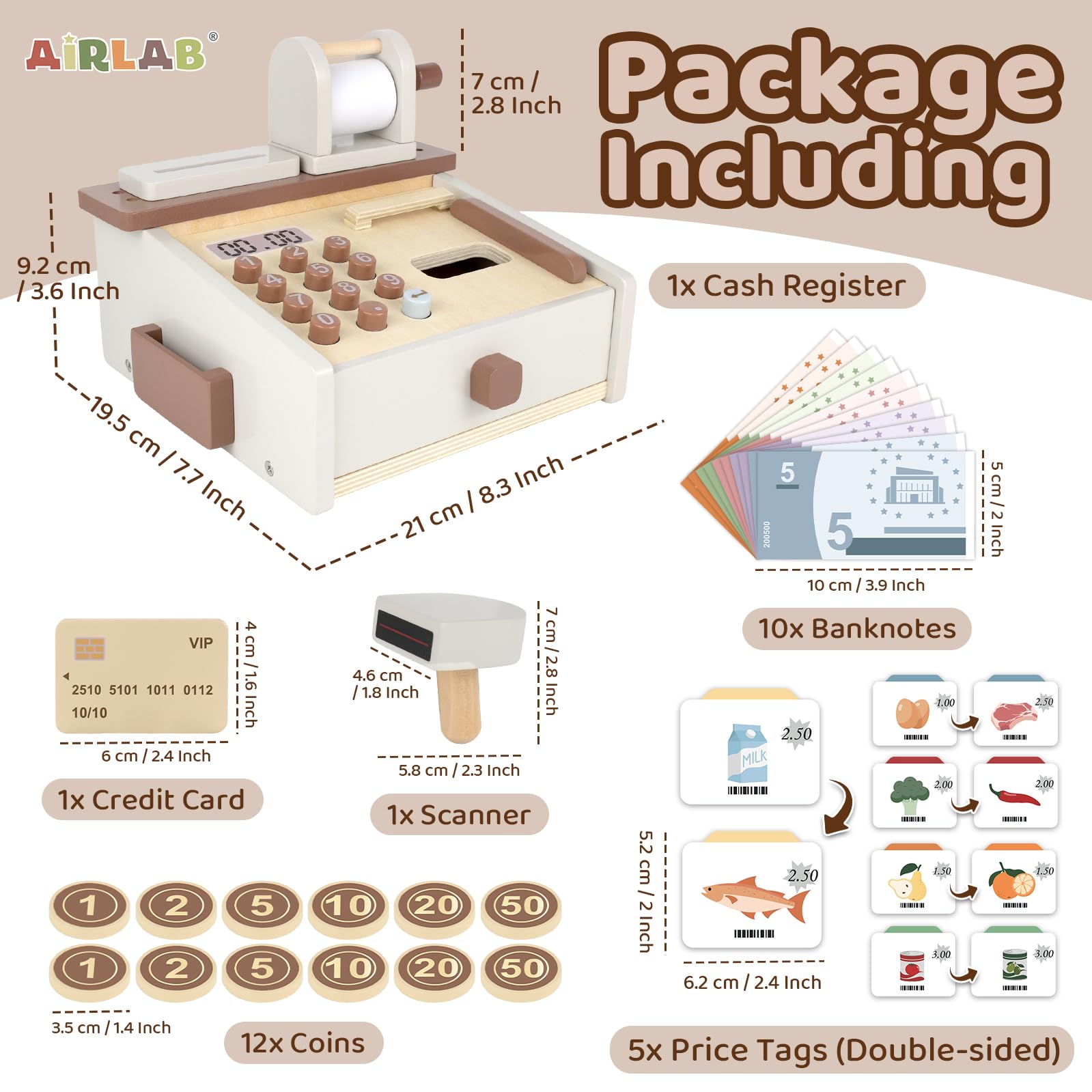 Airlab Kaufladen Zubehör Holz Kasse Spielzeug, Holzspielzeug Kasse Kinder, Kinderkasse mit Scanner Spielgeld, Spielkasse für Kinder, Registrierkasse Rollenspiel Geschenk Mädchen Jungen