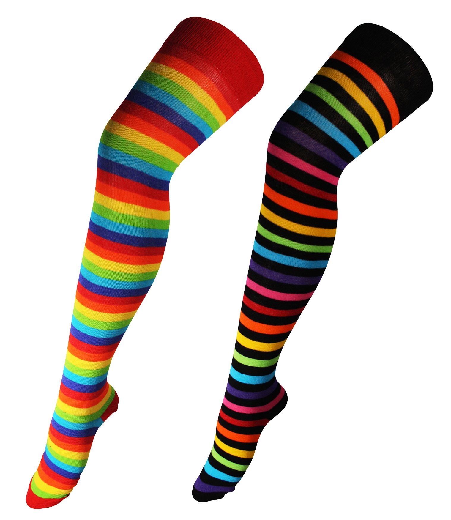 Itzu Women's 2 Pair Pack (Multicoloured, Red) Over The Knee Thigh High Rainbow Striped Multi Colour Long Socks Pantyhose (Uk 4-7)