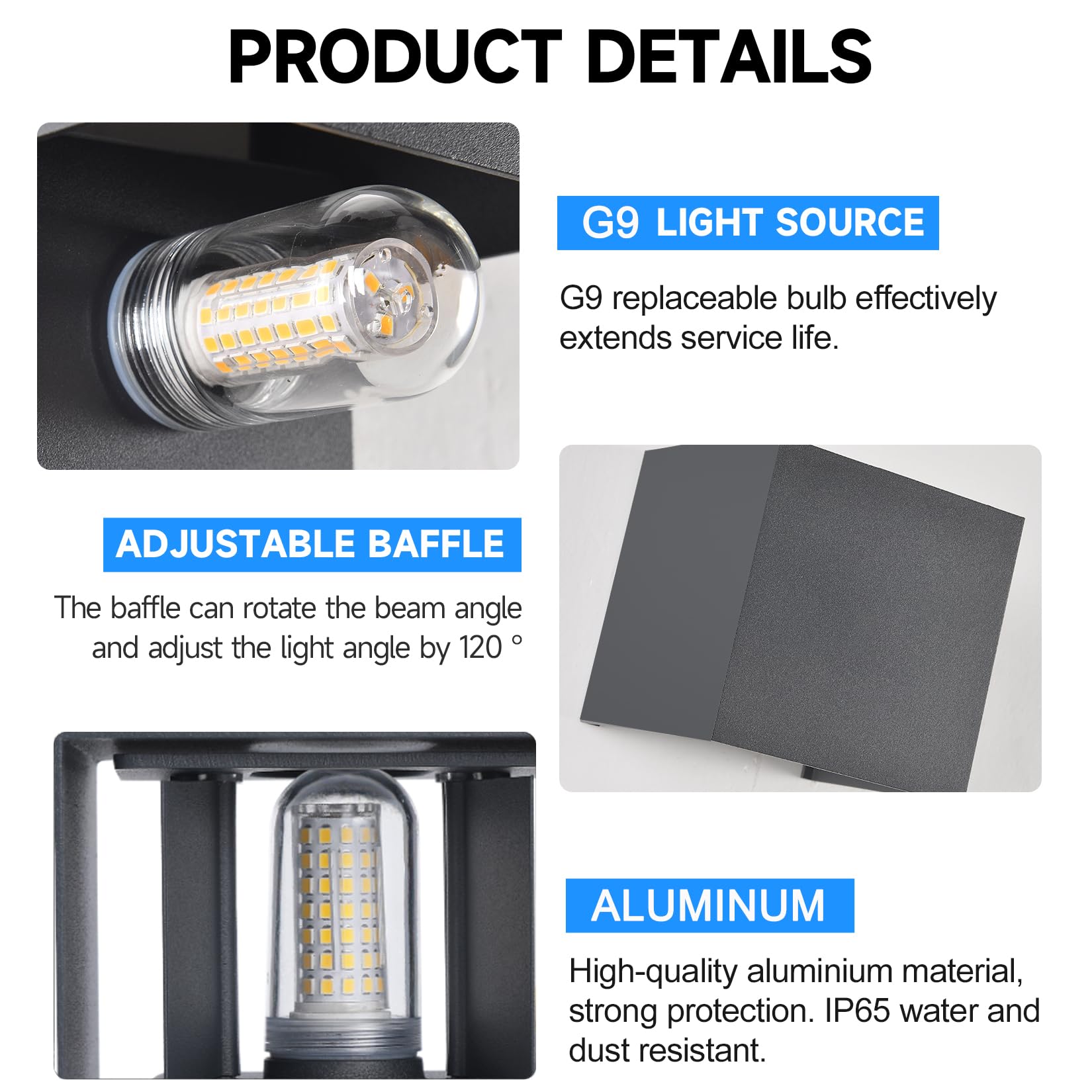 2 Stück Wandleuchte Innen Aussen LED G9 Austauschbarer Anthrazit IP65 Wasserdicht Lampe Wandlampe Aussen Außenwandleuchten 3000K Warmweiß Quadratisch Aluminium Wandleuchte Einstellbar Abstrahlwinkel