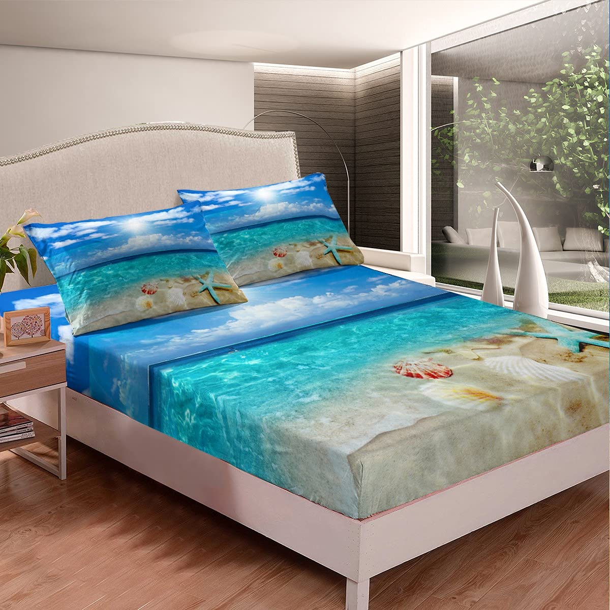 Dinjoy Set Biancheria Da Letto Queen Size A Tema Oceano - Copripiumino 228x243 Cm Con Conchiglie E Stelle Marine, Microfibra Morbida